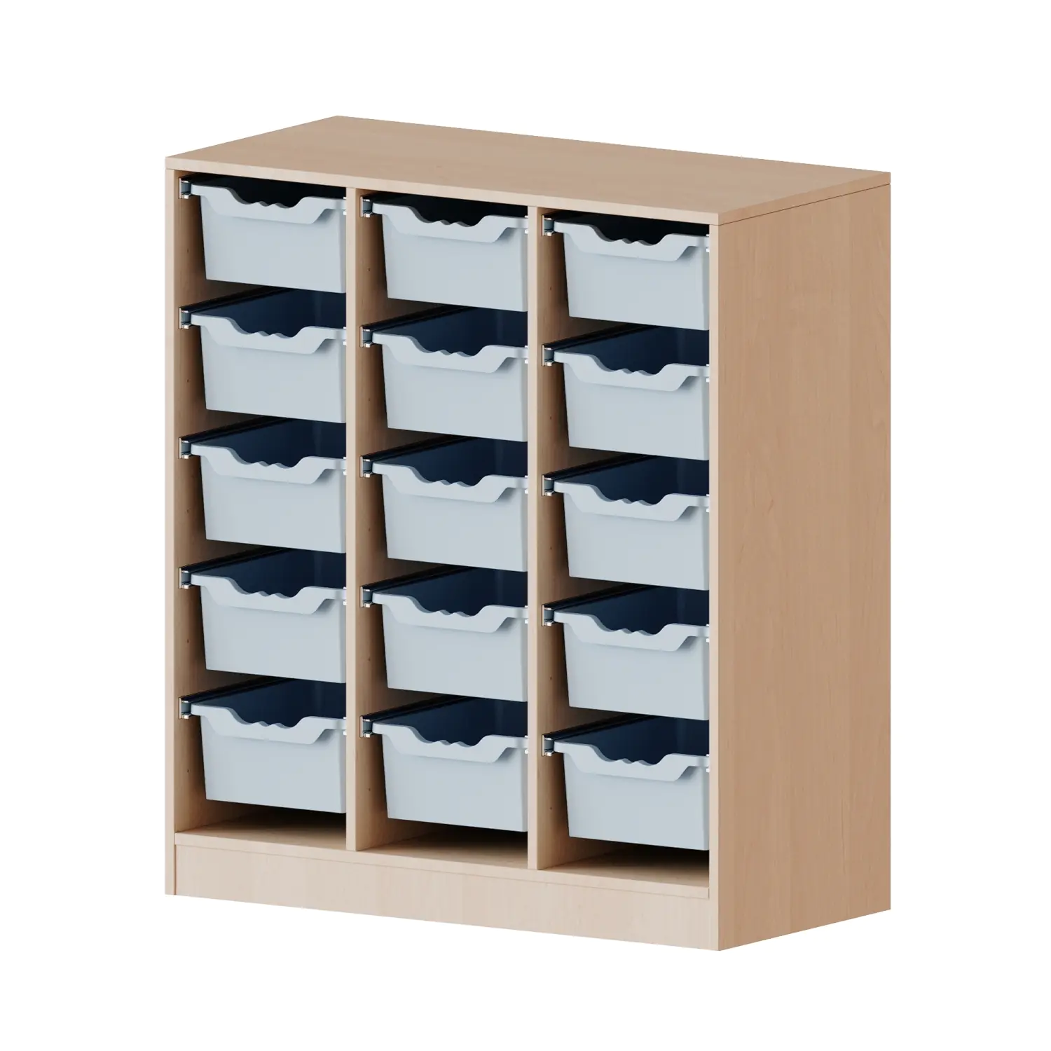 ErgoTray Regal, 3reihig, 3 OH, fahrbar, 15 hohe Boxen, B/H/T 104,5x118x40cm aus der Kategorie Klassenraumregale