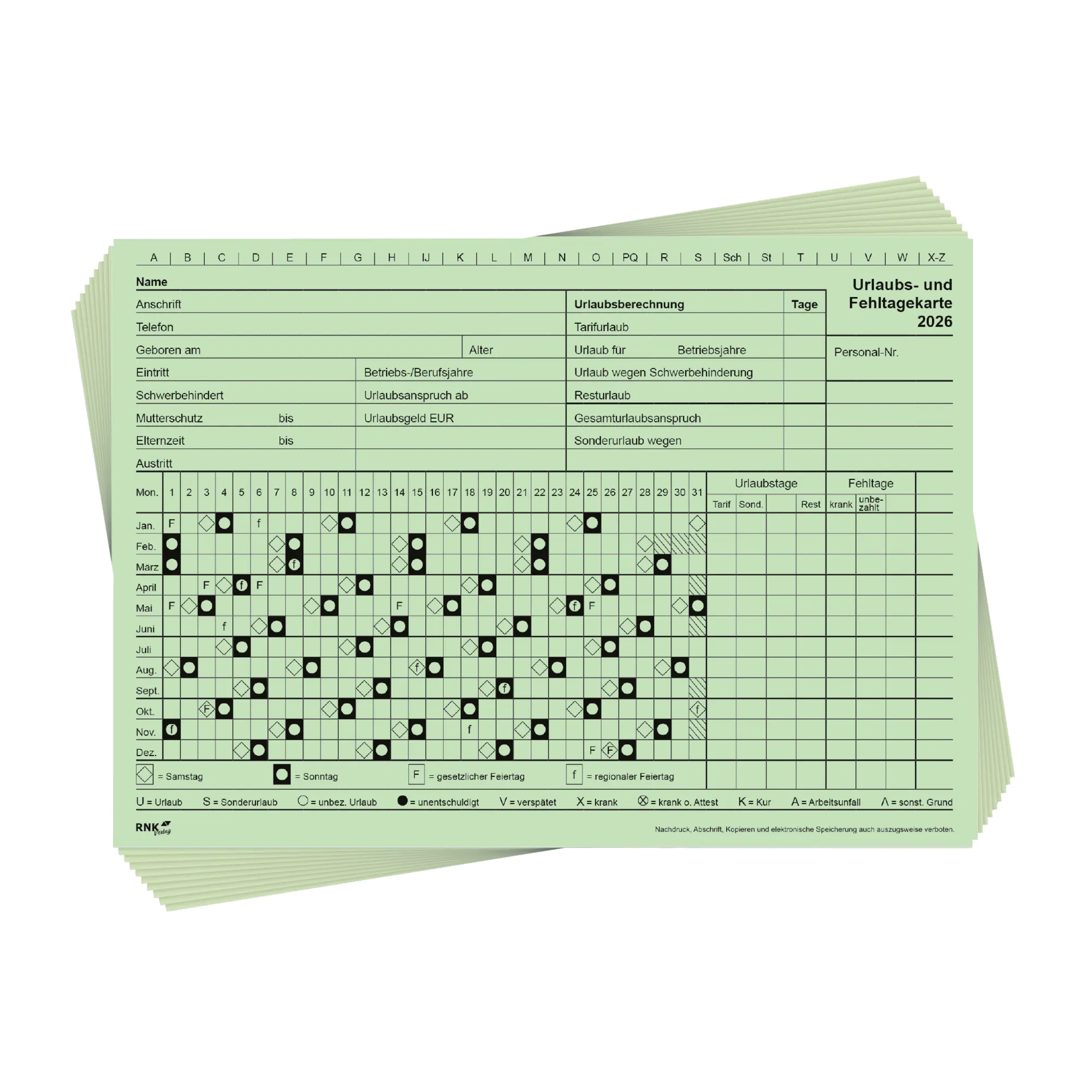 RNK Fehltagekarte 2026 A5 quer 10St aus der Kategorie Kalender & Zubehör