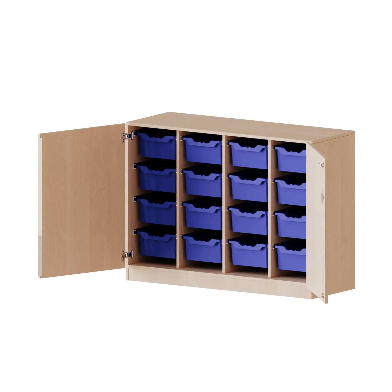 ErgoTray Schrank, 4reihig, 2,5 OH, zweiteilig, zweitürig, mit 16 hohen Boxen, B/H/T 138,7x100x50cm aus der Kategorie Klassen- und Schulschränke