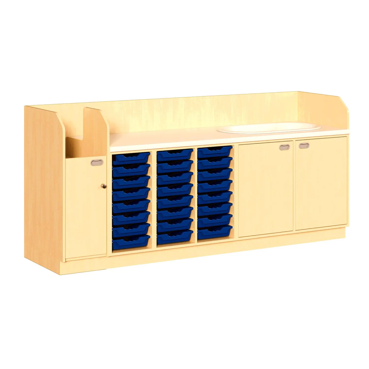 Wickelkommoden mit fester Anstelltreppe links, 24 flachen ErgoTray Boxen aus der Kategorie Wickeltische