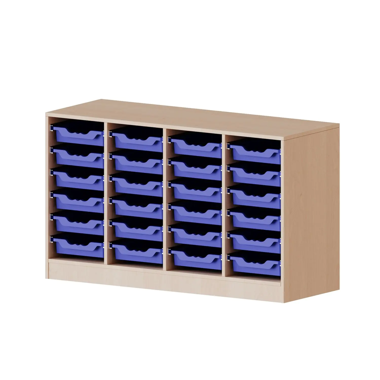 ErgoTray Regal, 4reihig, 2 OH, mit Möbelstellfüßen, 24 flache Boxen, B/H/T 138,7x82x40cm aus der Kategorie Klassenraumregale