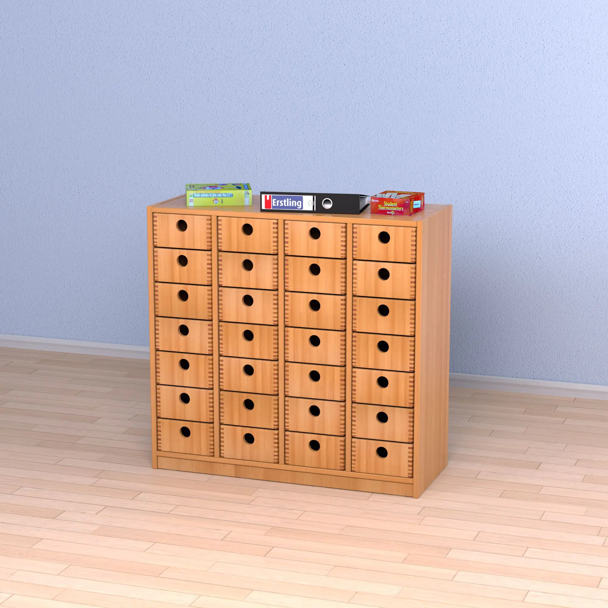 Schrank mit 28 Massivholzkästen,  98 cm hoch, 112,5x40 cm (B/T), aus der Kategorie -Schränke mit Massivholzkästen