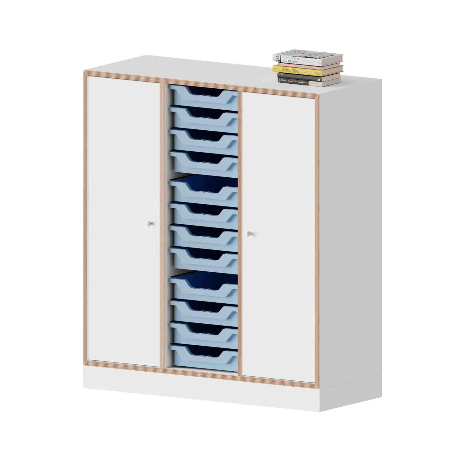 qickly® Schrank, 3 OH, 2 Türen mit Schloss, 12 kleine Ergo Tray Boxen, B/H/T: 104,2x110,5x42,6 cm aus der Kategorie Schränke Schnelllieferprogramm