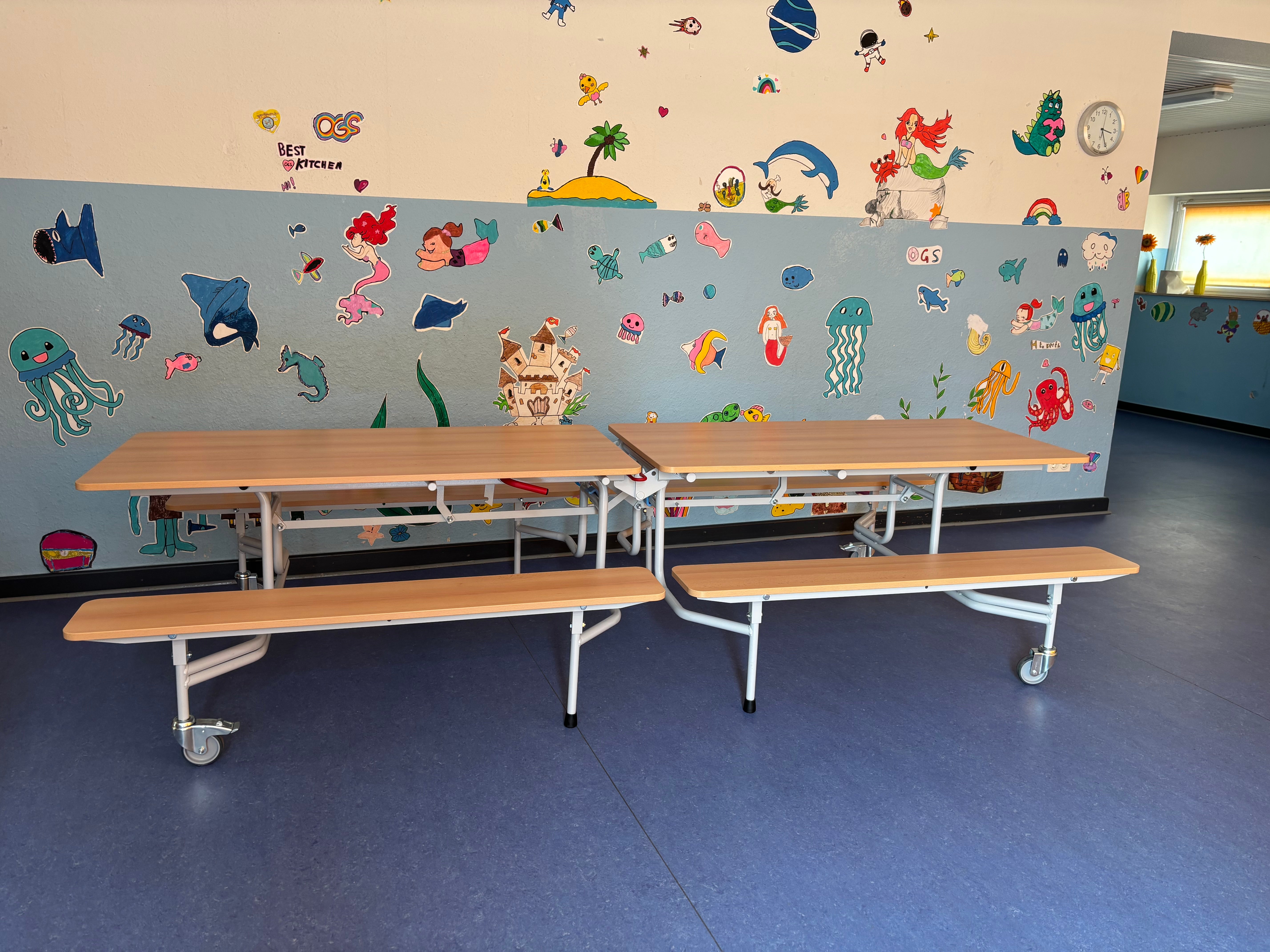 Tisch-Bankkombination, 12 Sitze, rechteckig, Tischhöhe: 69 cm, Sitzhöhe 41cm, integrierte Sitzbänke aus der Kategorie Sitz-Tisch-Kombinationen