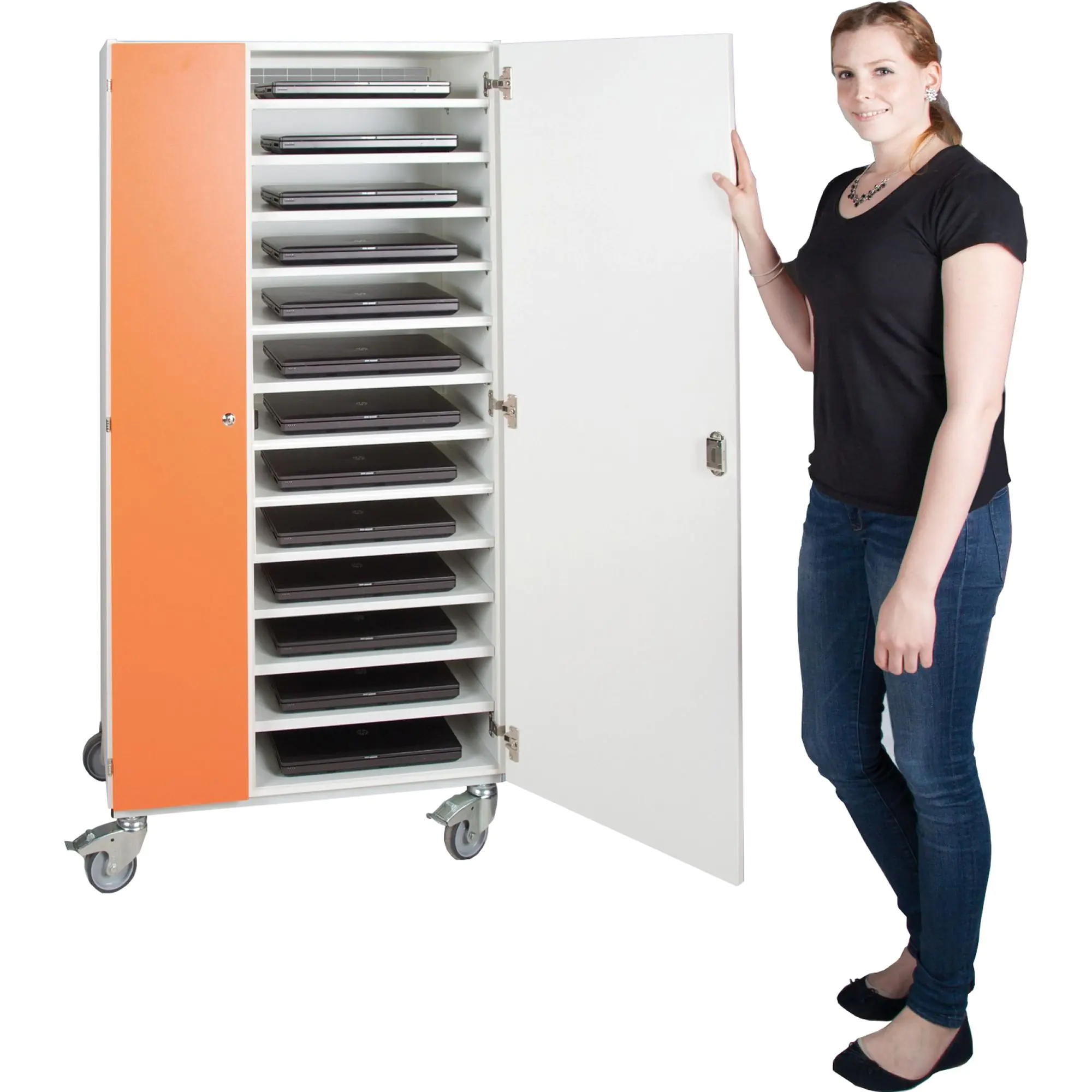 Notebook-Ladestation, 150 cm hoch,  80x50 cm (B/T), kleine farbig.Tür rechts,fahrbar