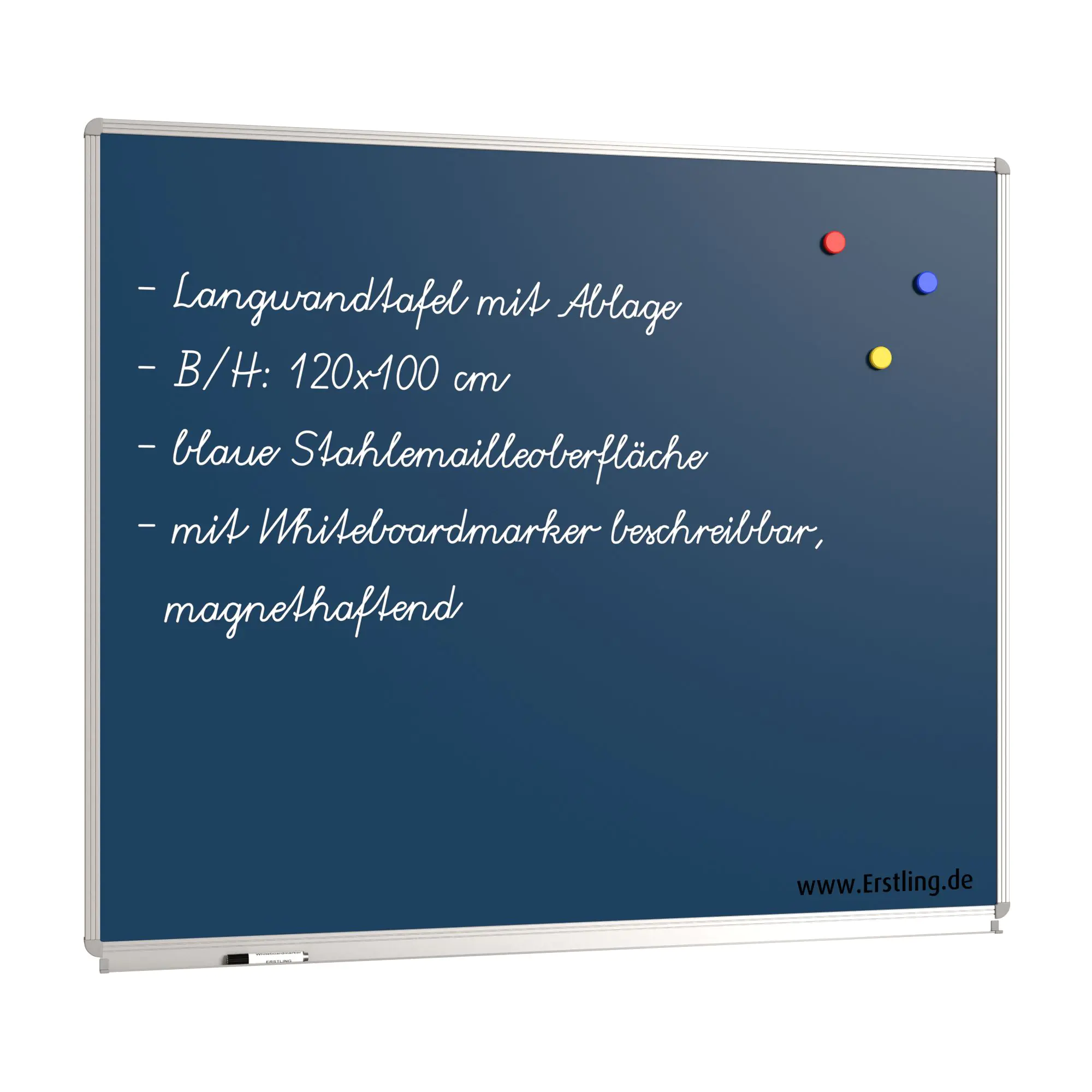 Wandtafel Stahlemaille blau, 120x100 cm, mit durchgehender Ablage, aus der Kategorie Wandtafeln Blau