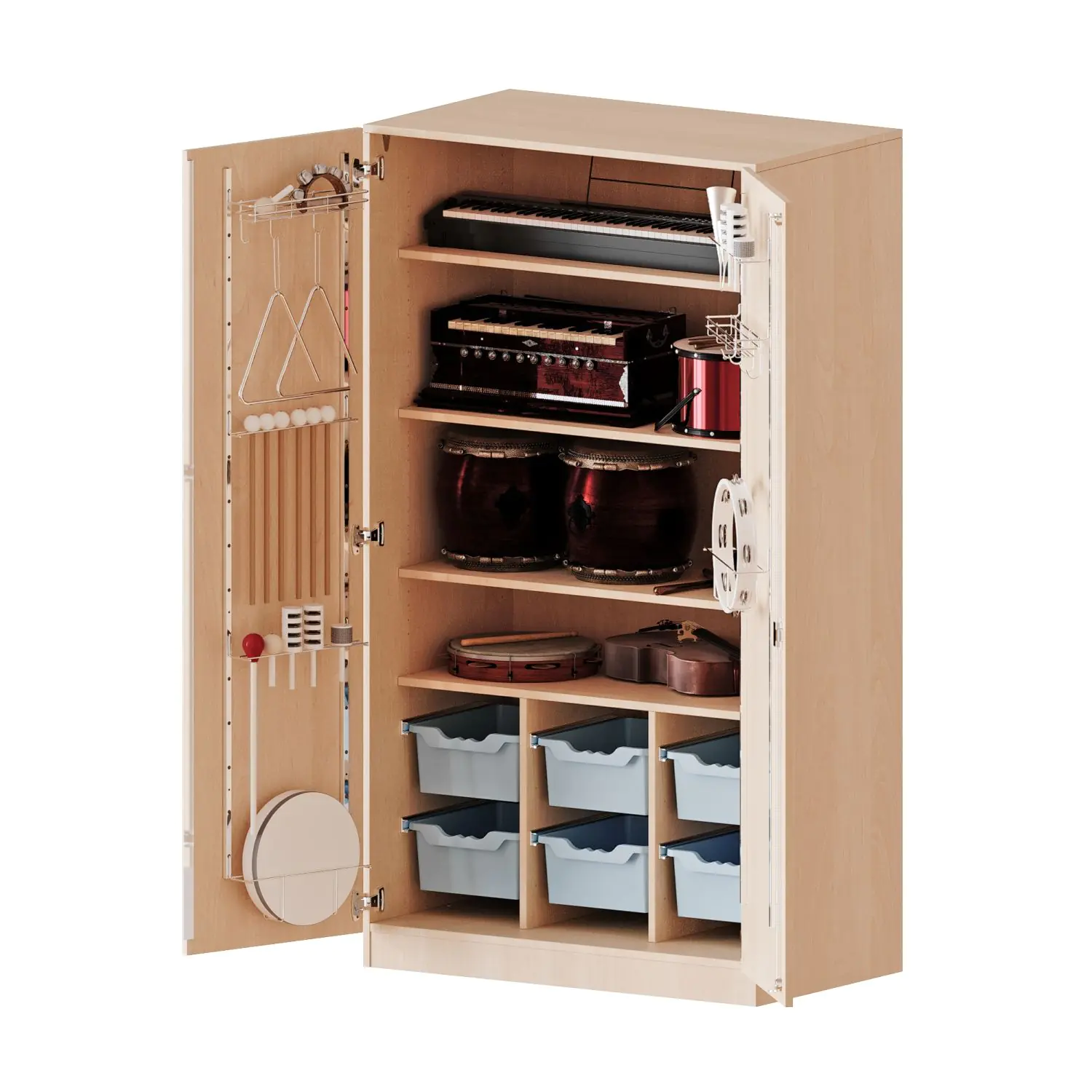 Musikschrank, 5 OH, Türen mit Instrumentenhalterungen, mit 6 Boxen, B/H/T 104,5x190x60cm aus der Kategorie Fachbereichsschränke