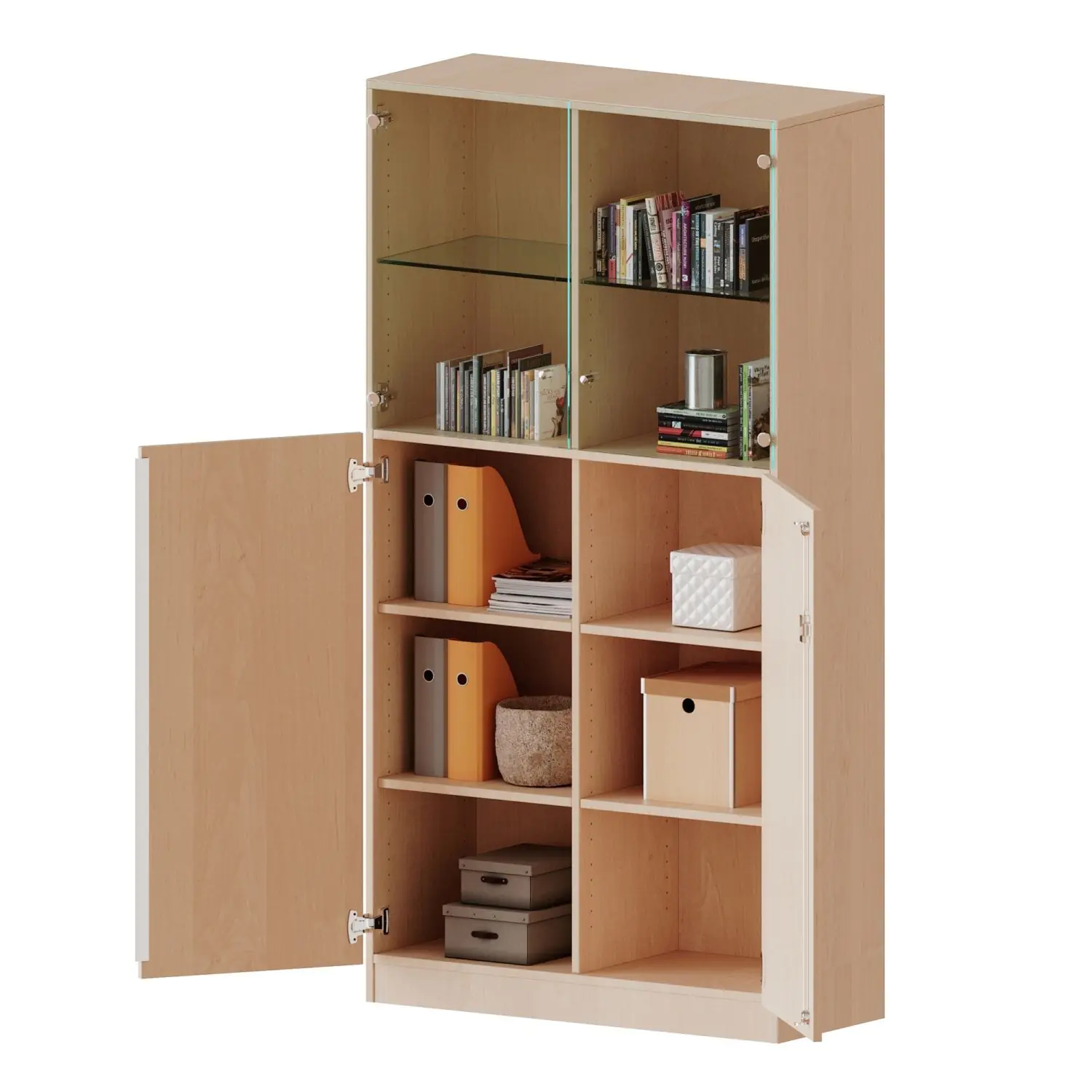 Schrank, 5 OH, Türen unten (3OH), oben 2 Vitrinentüren 2 Türen, abschließbar, B/H/T 100x190x60cm aus der Kategorie Schränke allgemein