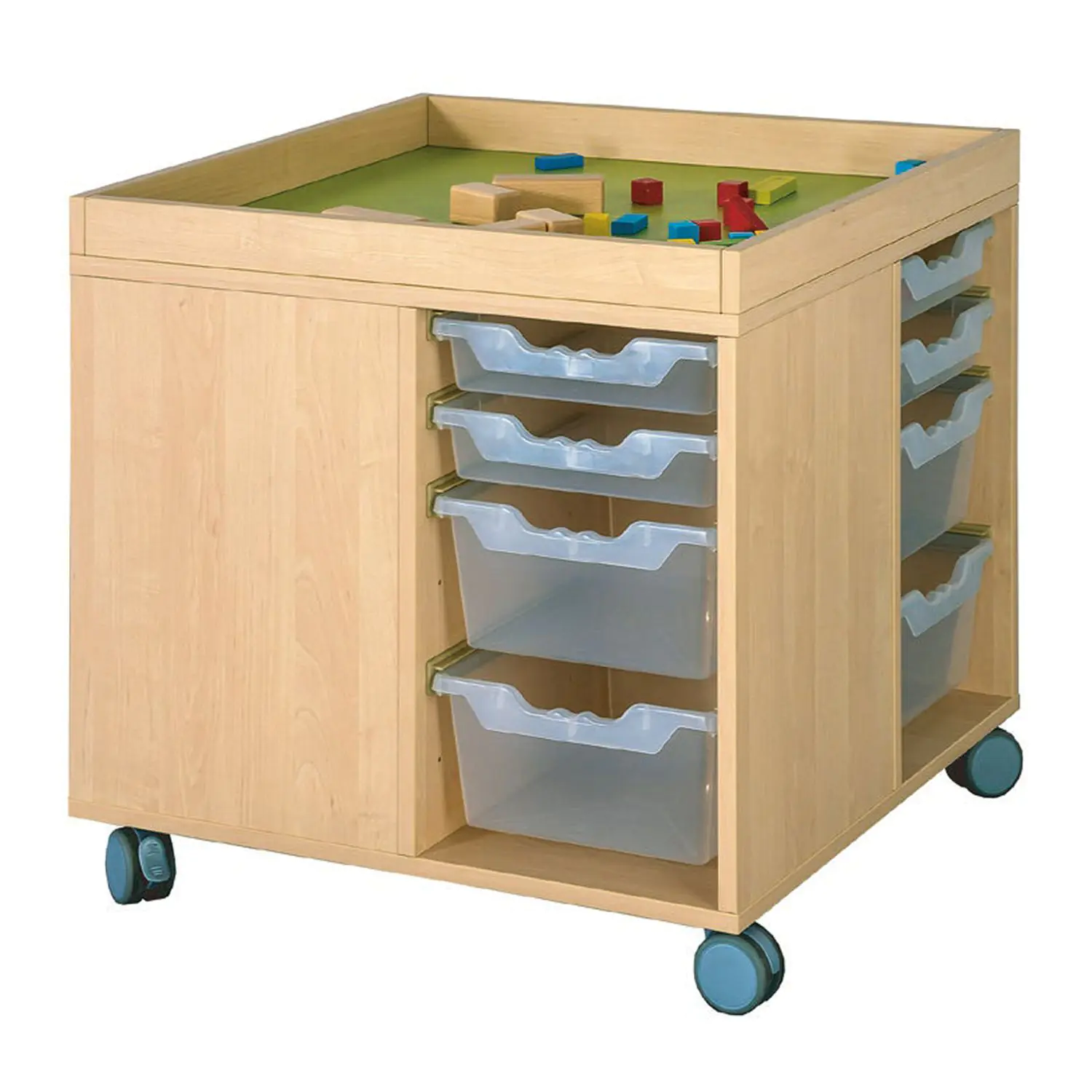 Bau- und Spielinsel, mit 8 flachen und 8 hohen ErgoTray-Boxen,  B/H/T: 75 x 72 x 75 cm