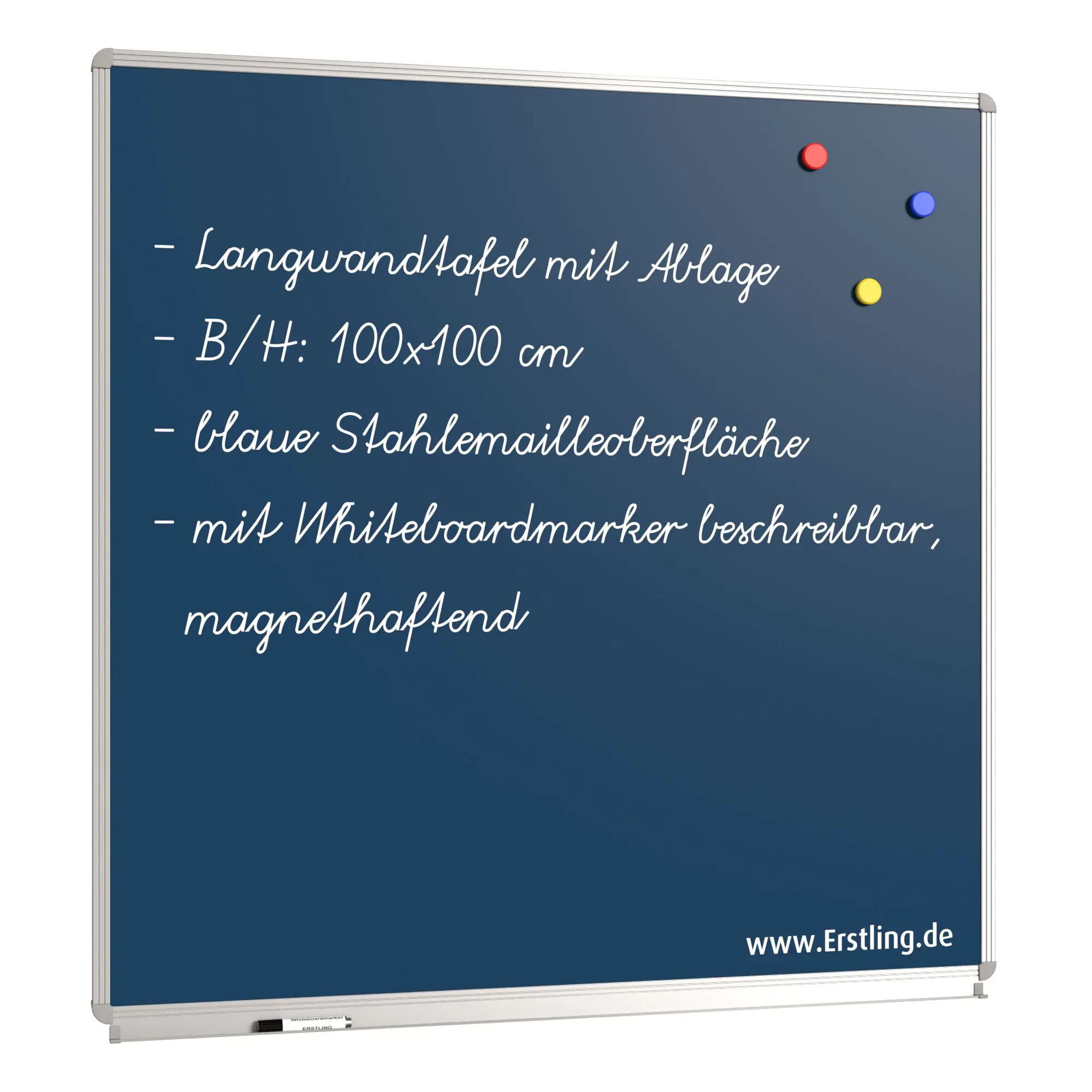 Wandtafel Stahlemaille blau, 100x100 cm, mit durchgehender Ablage, aus der Kategorie Wandtafeln Blau