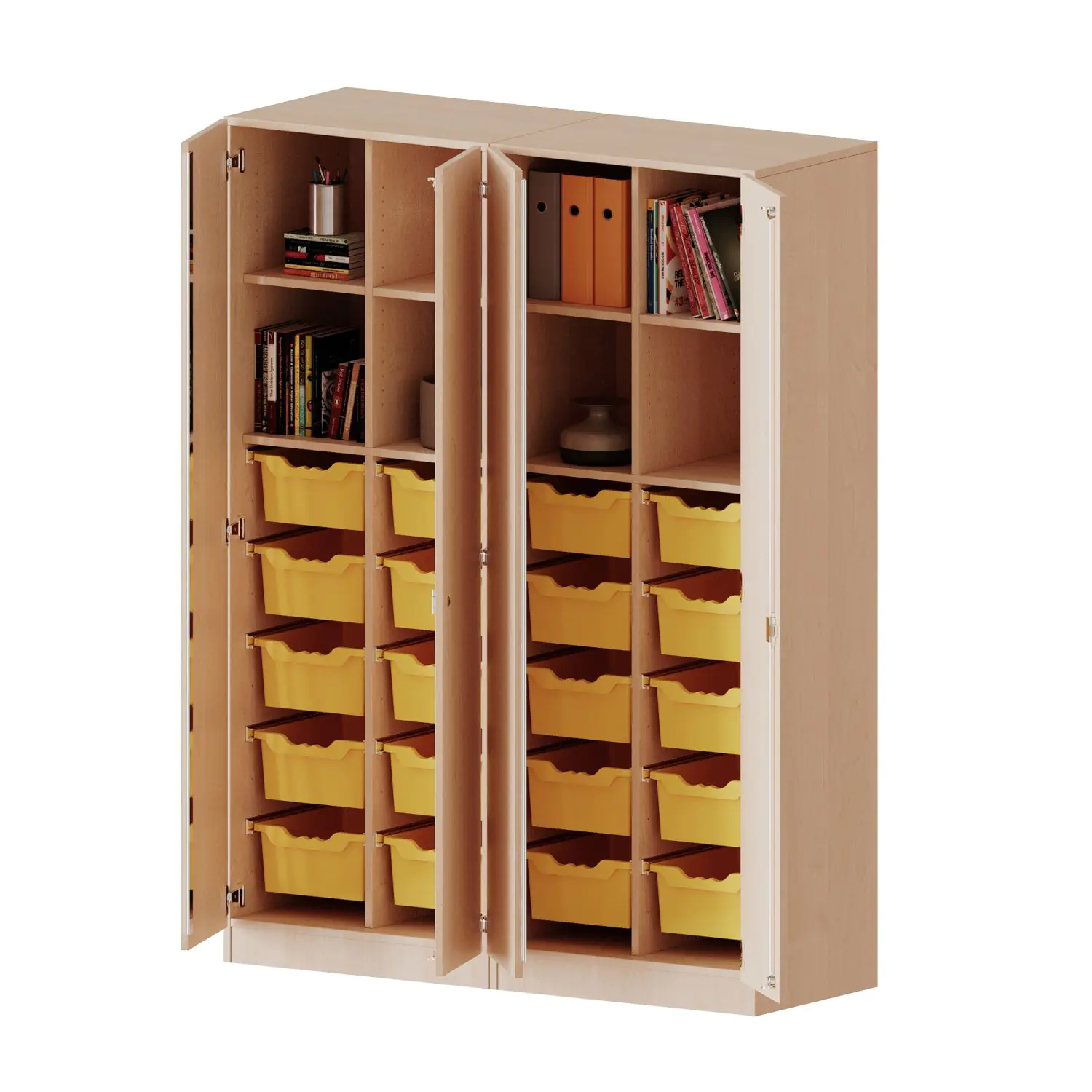 ErgoTray Schrank, zweiteilig, 4reihig, viertürig, zweiteilig, 20 hohe Boxen, B/H/T 140,6x190x50cm aus der Kategorie Klassen- und Schulschränke