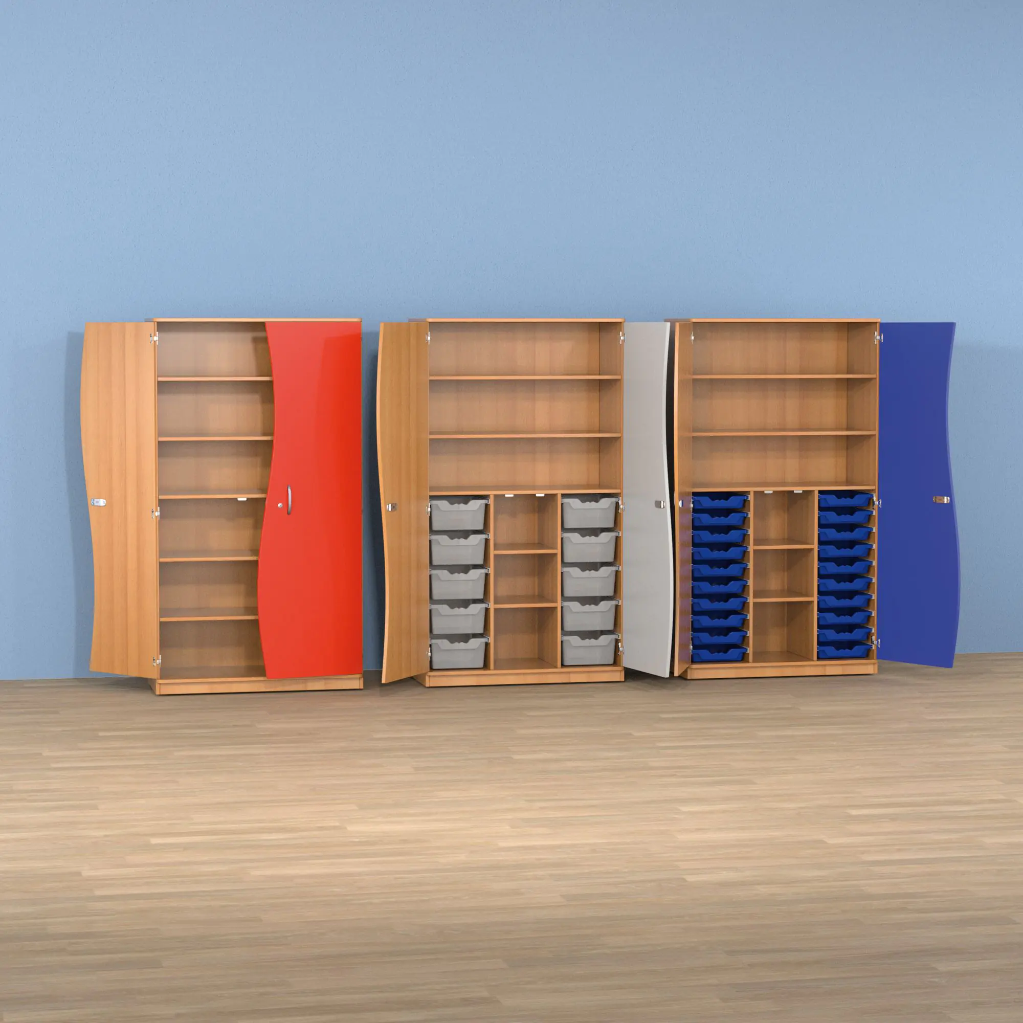 Wellentürenschrank, 190 cm hoch, 105x50 cm (B/T), Tür rechts grau, aus der Kategorie Schränke mit Dreh-Türen und Schüben