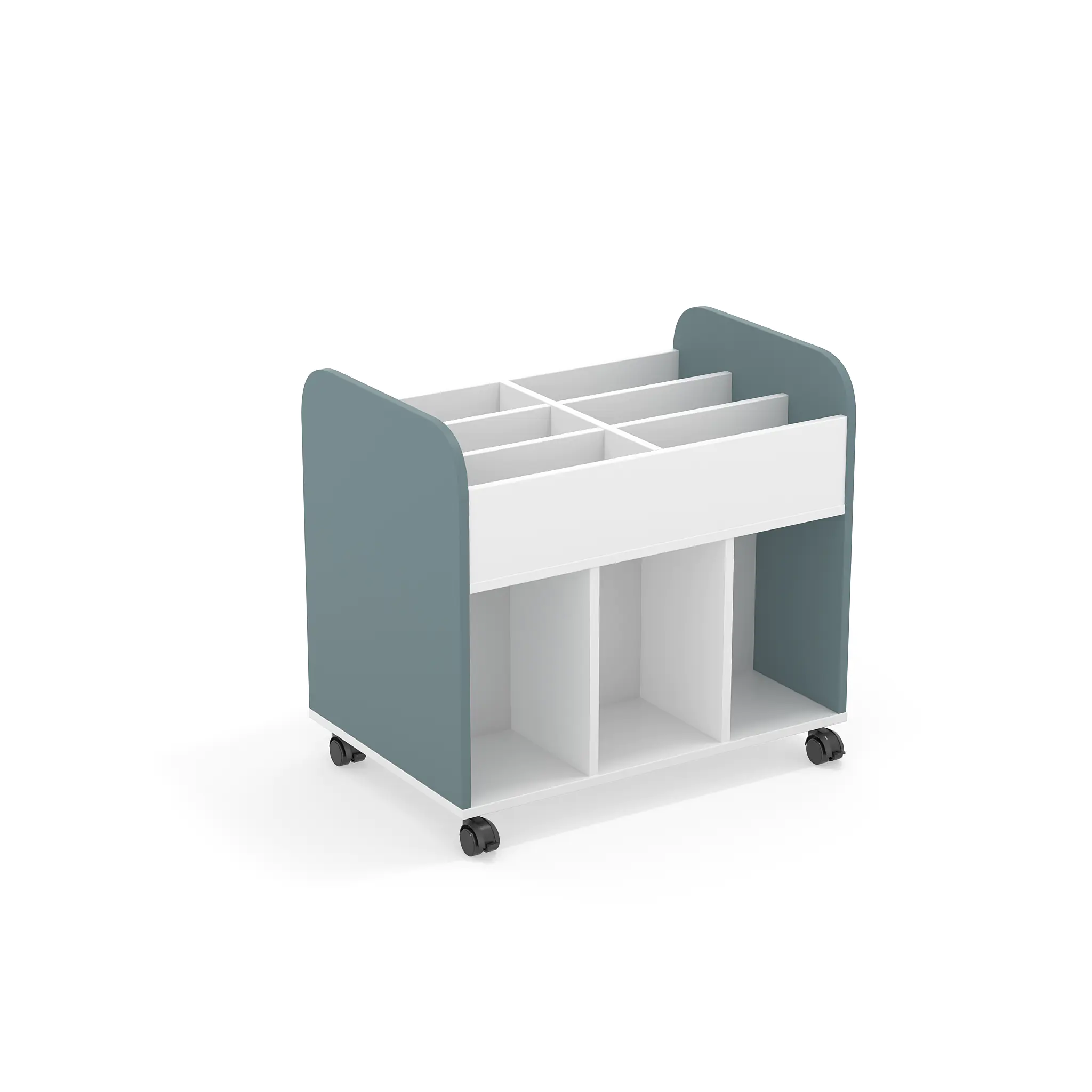 Bücherwagen, 77,5 cm hoch, B/T 84,0 x 56, cm, fahrbar, beideseitig nutzbar, Seitenblende Blau aus der Kategorie Bibliotheksinseln