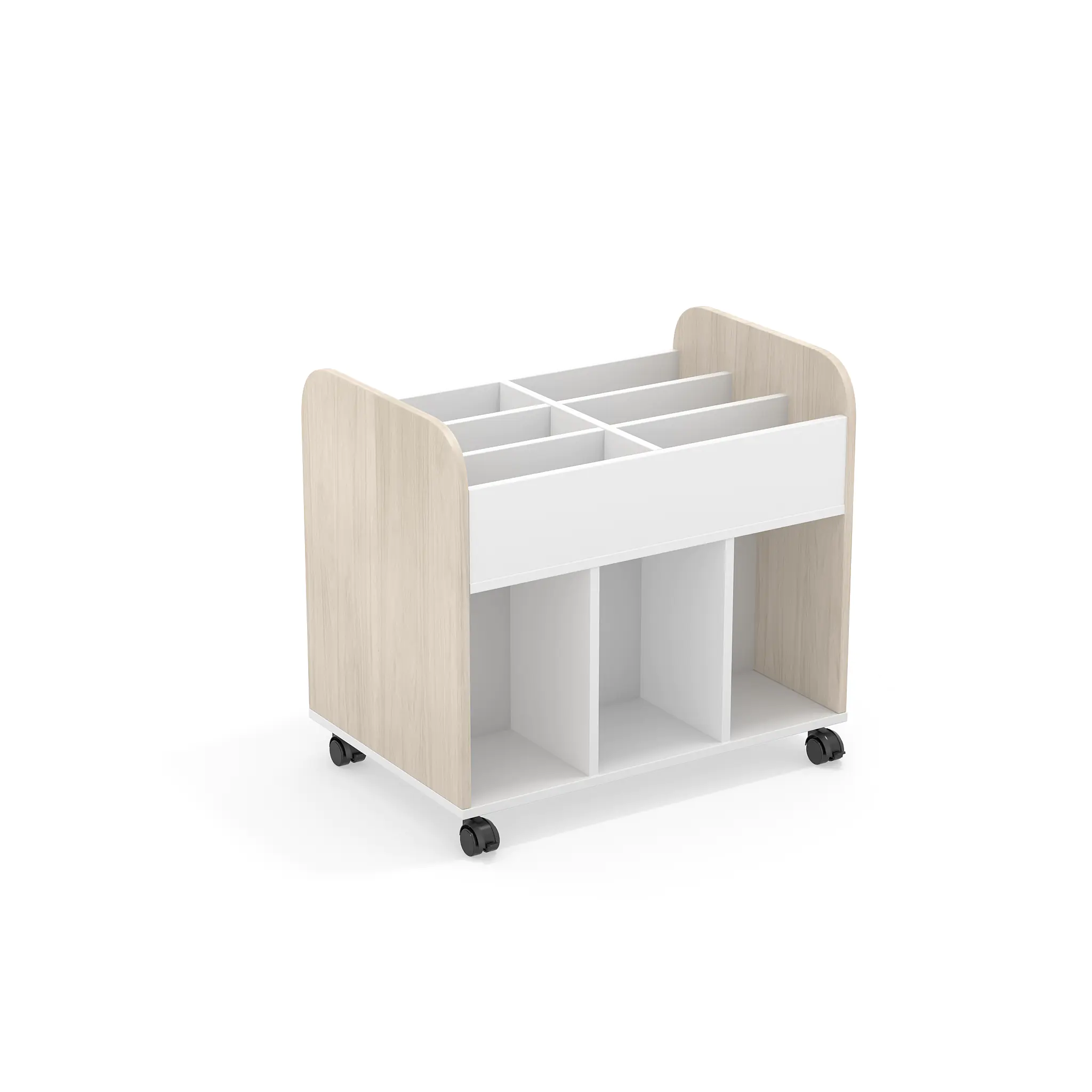 Bücherwagen, 77,5 cm hoch, B/T 84,0 x 56, cm, fahrbar, beideseitig nutzbar, Seitenblende Holzdekor, aus der Kategorie Bibliotheksinseln