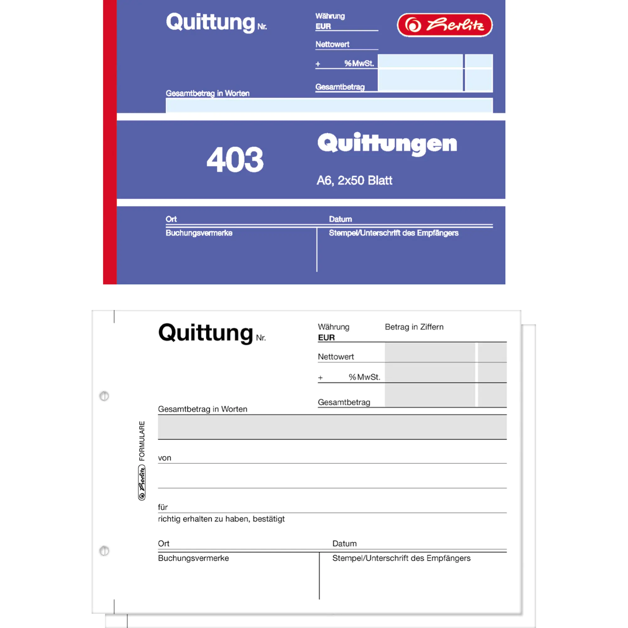 Herlitz Quittungsblock 403 A6 quer Blaupapier 2x50Blatt aus der Kategorie Formulare