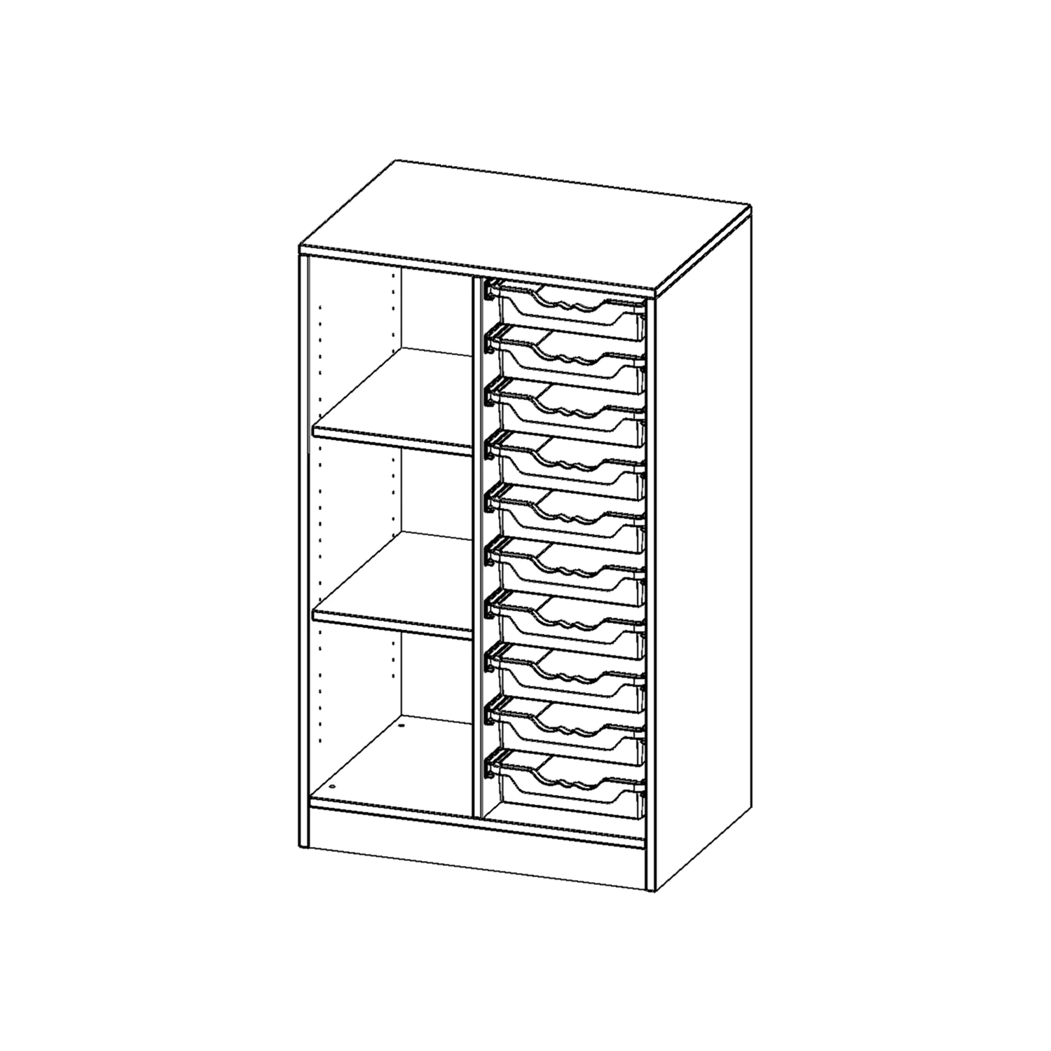 ErgoTray Regal, 2reihig, 3 OH, links 3 Fächer rechts 10 flache Boxen, B/H/T 70,3x118x50cm aus der Kategorie Klassenraumregale