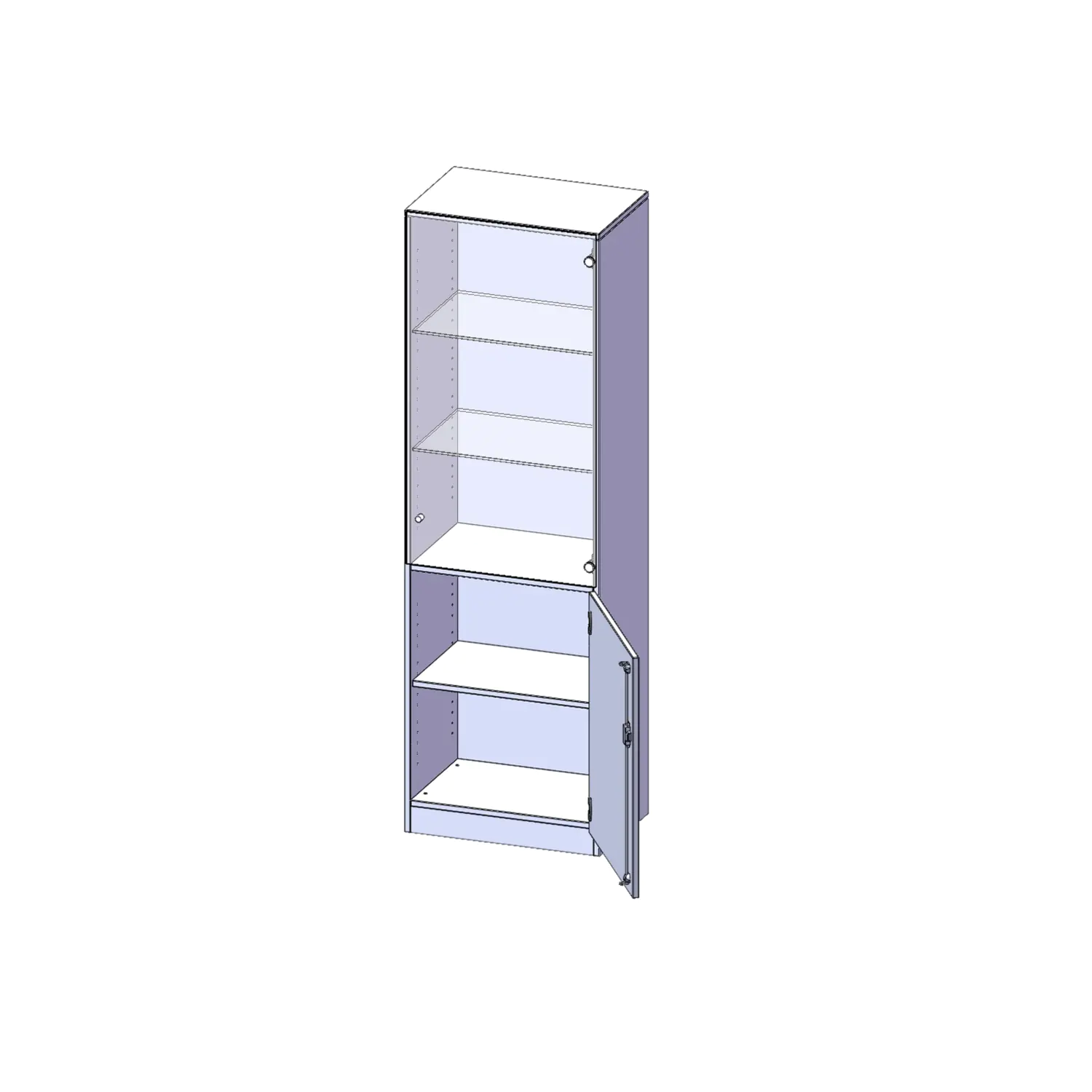 Schrank, 5 OH, Tür unten (2 OH), oben 3 Vitrinentüren 1 Tür, schließbar, rechts, B/H/T 60x190x40cm aus der Kategorie Schränke allgemein