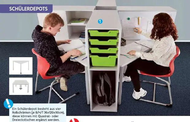 Schülerdepot 2, aus 4 Rollschränken bestehend, inkl. 4 Dreieckstischen 127x90x90cm  aus der Kategorie Modell 10/12/20/21
