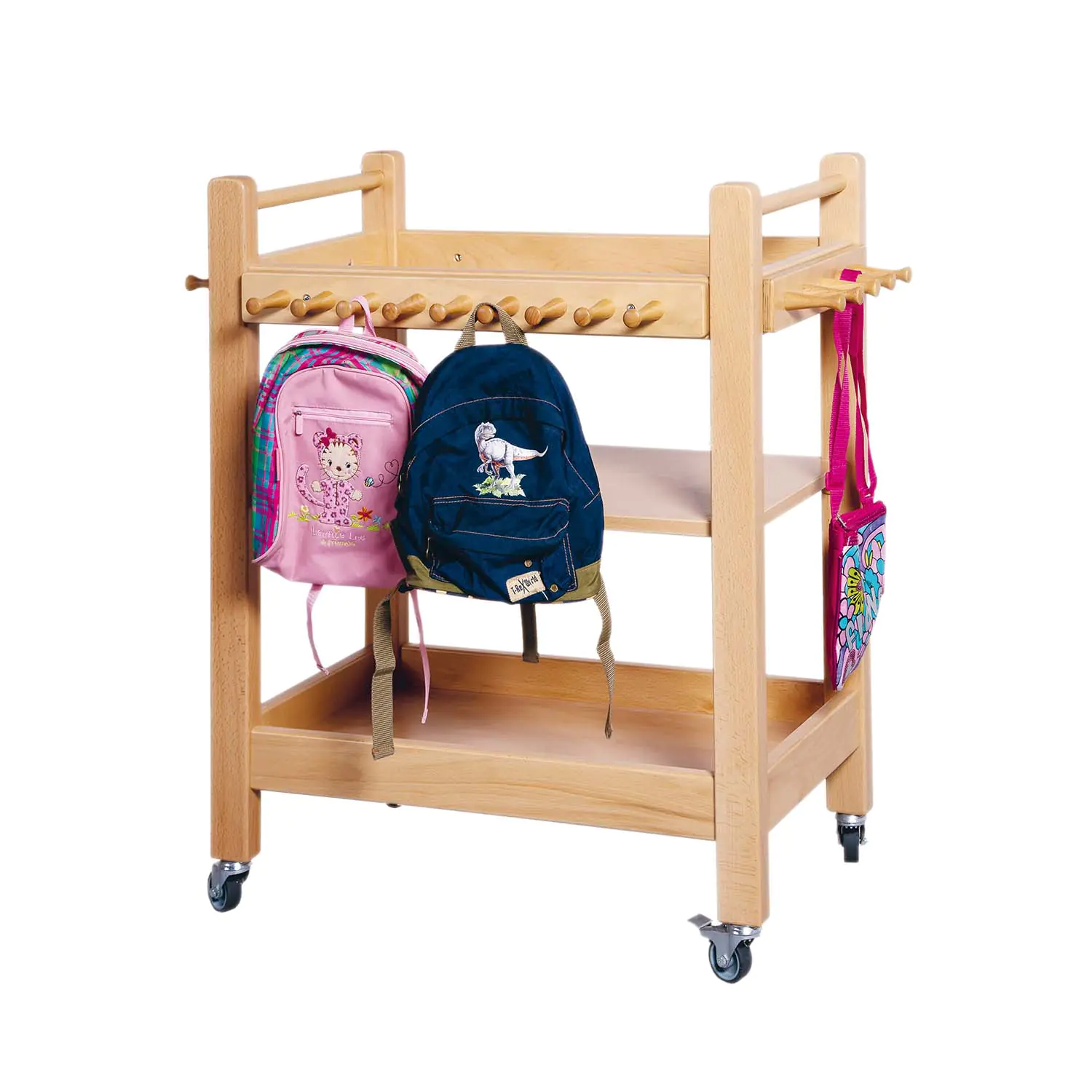 Taschenwagen mit 28 Holzhaken zum Aufhängen der Brottaschen. aus der Kategorie Garderobenmöbel