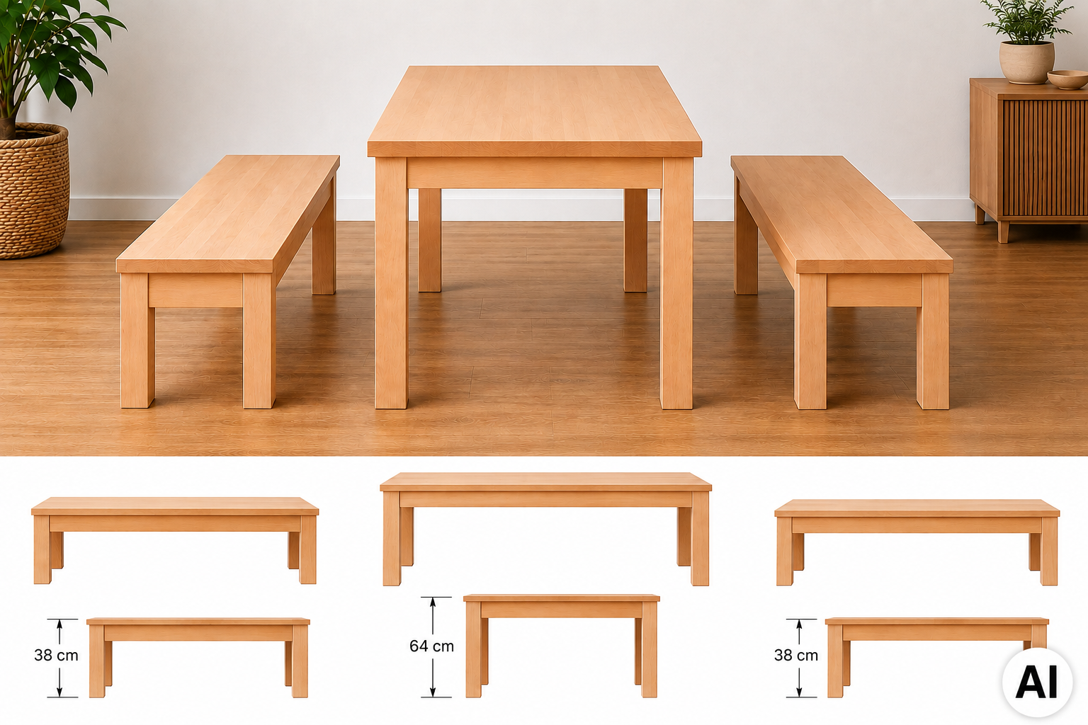 Set 1 Tisch und 2 Bänken aus Buche Massivholz Tisch B/HT 180x64x60 cm, Bank B/H/T 180x38x30 cm aus der Kategorie Sitz-Tisch-Kombinationen