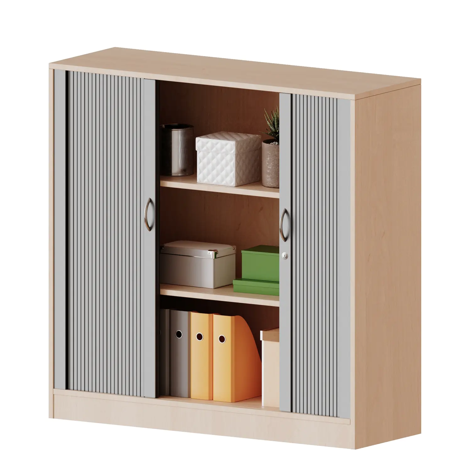 Schrank mit Rollo, 3 OH, Querrolladen, abschließbar, B/H/T 120x118x60cm aus der Kategorie Schränke allgemein