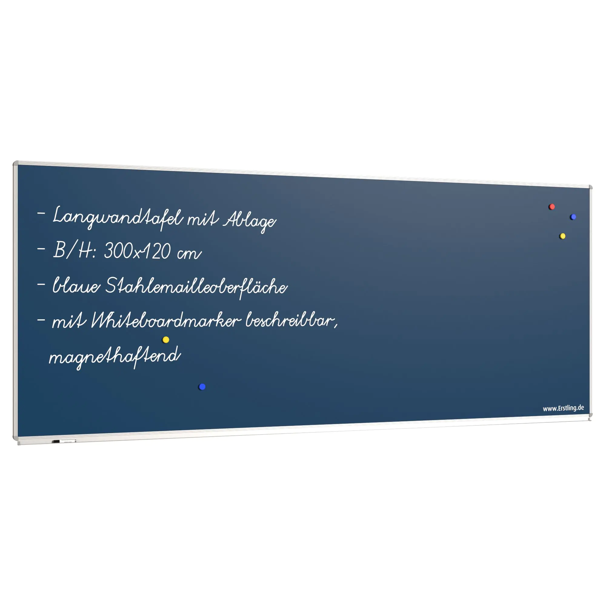 Wandtafel Stahlemaille blau, 300x120 cm, mit durchgehender Ablage, aus der Kategorie Wandtafeln Blau