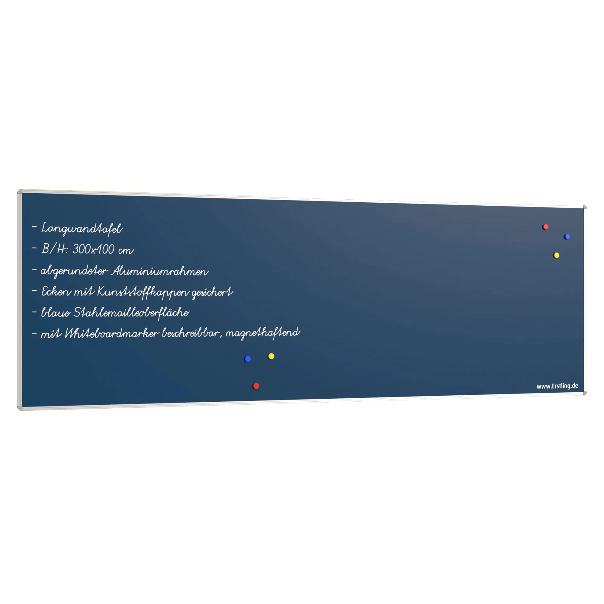 Wandtafel Stahlemaille blau, 300x100 cm, ohne Kreideablage, aus der Kategorie Wandtafeln Blau