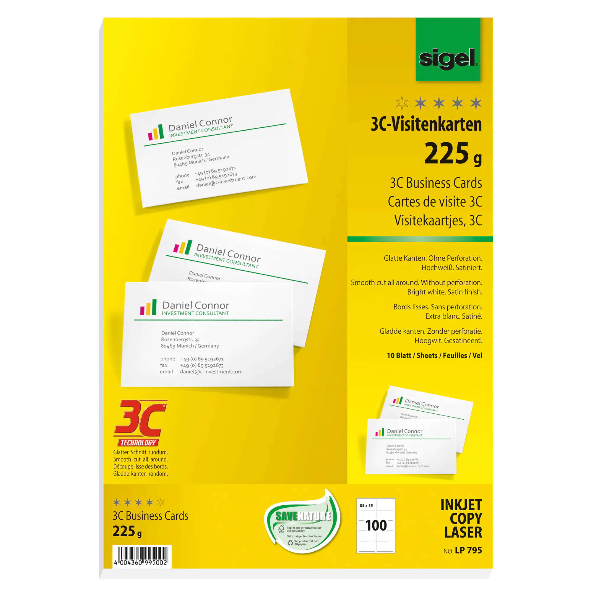 Sigel Visitenkarte DIN A4 85x55mm 225g ws 100 St. aus der Kategorie Visitenkarten & Zubehör