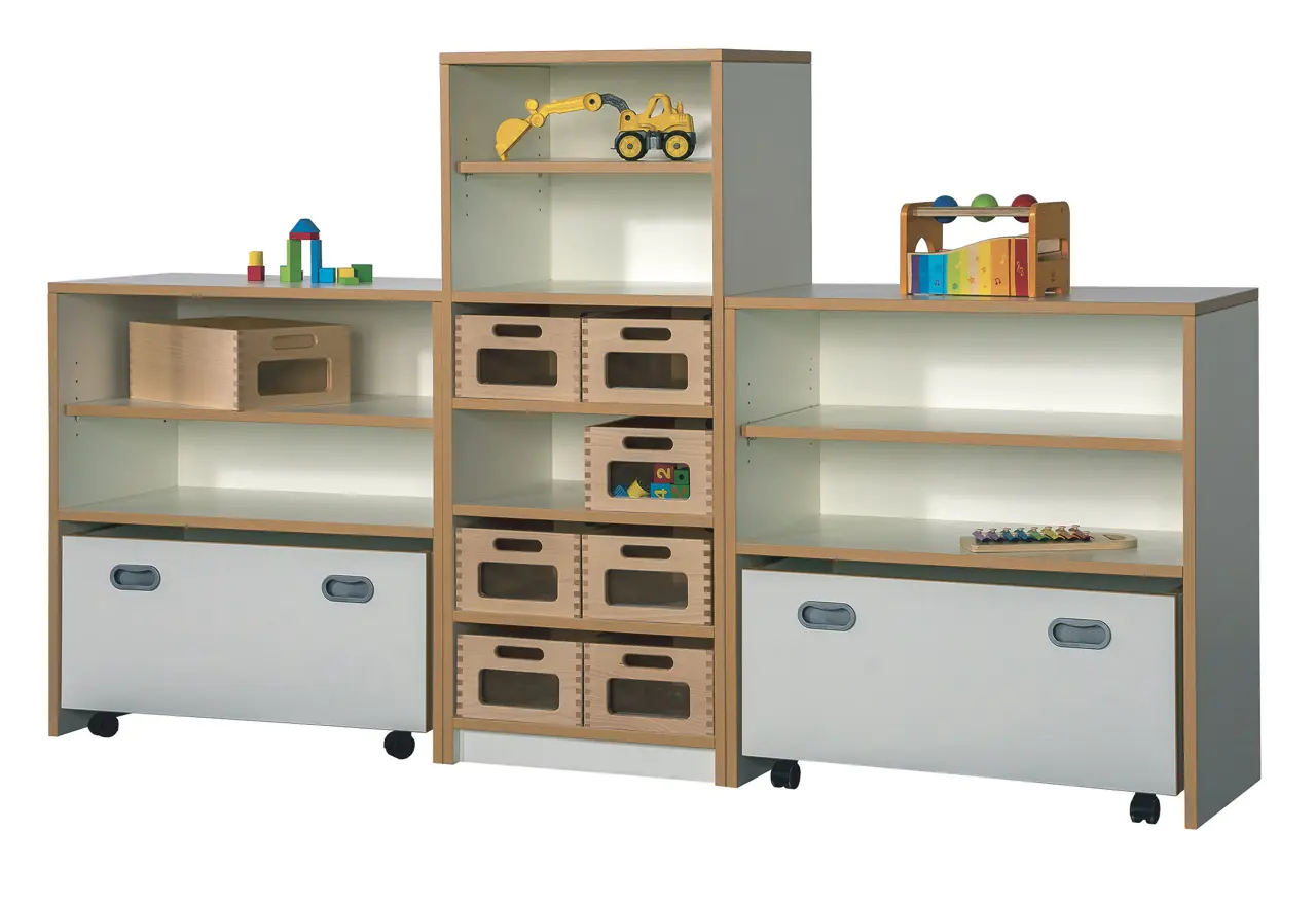 Korpusregalsysteme Regalsystem "DACHS" mit Kästen aus Buche Massivholz, mit 2 großen Rollkästen aus der Kategorie Schrankwände