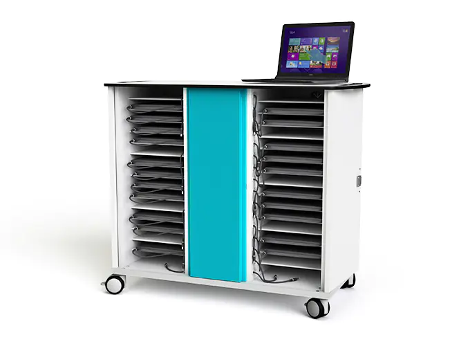 Laptop Ladewagen, 32 Geräte, SchuKo Steckdose, B/H/T 112x95x55 cm, abschließbar, fahrbar aus der Kategorie Funktionale Tische
