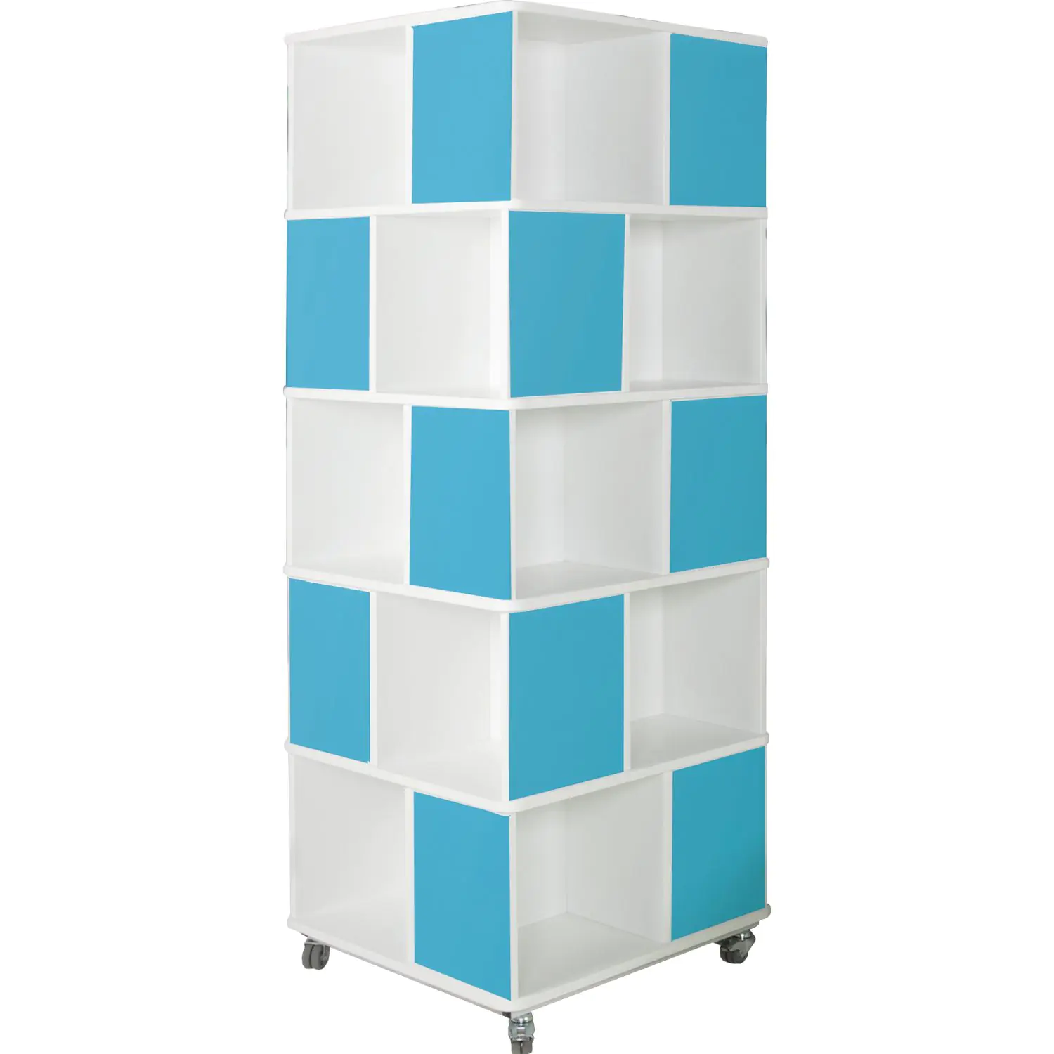 Bücherturm, 195 cm hoch,  75x75 cm (B/T), 5 Ebenen, 20 Fächer, 2 farbig