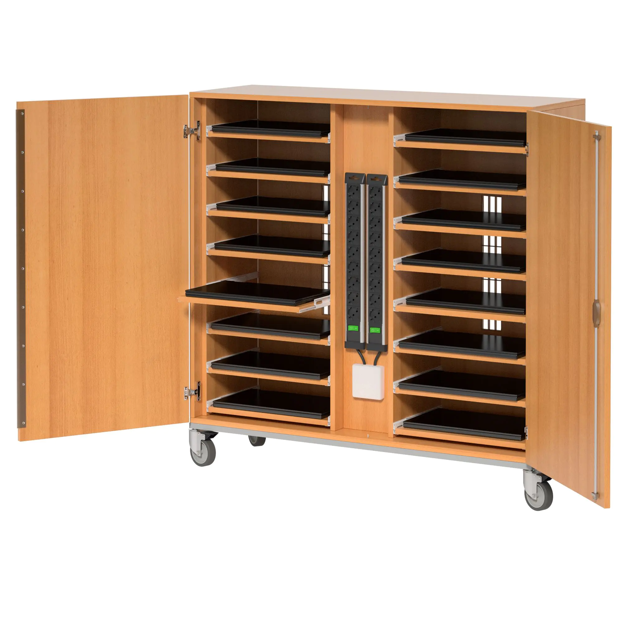 Notebook-Ladestation, 125 cm hoch, 135x42 cm (B/T), fahrbar, aus der Kategorie Notebookschränke