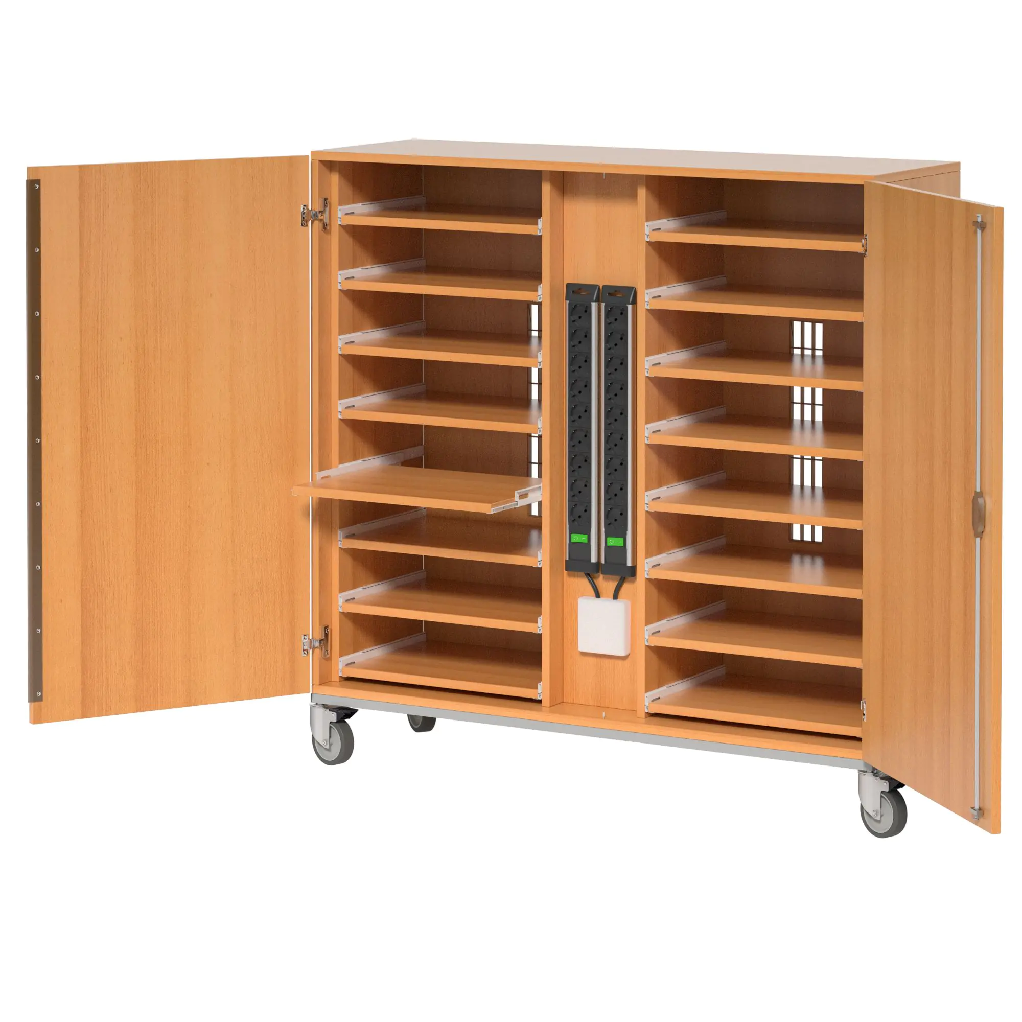 Notebook-Ladestation, 125 cm hoch, 110x42 cm (B/T), fahrbar, aus der Kategorie Notebookschränke