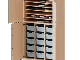 Bastelschrank, 5 OH, 4-türiger Schrank mit 15 hohen Boxen, zweiteilig, B/H/T 104,5x190x60cm aus der Kategorie Papierschränke