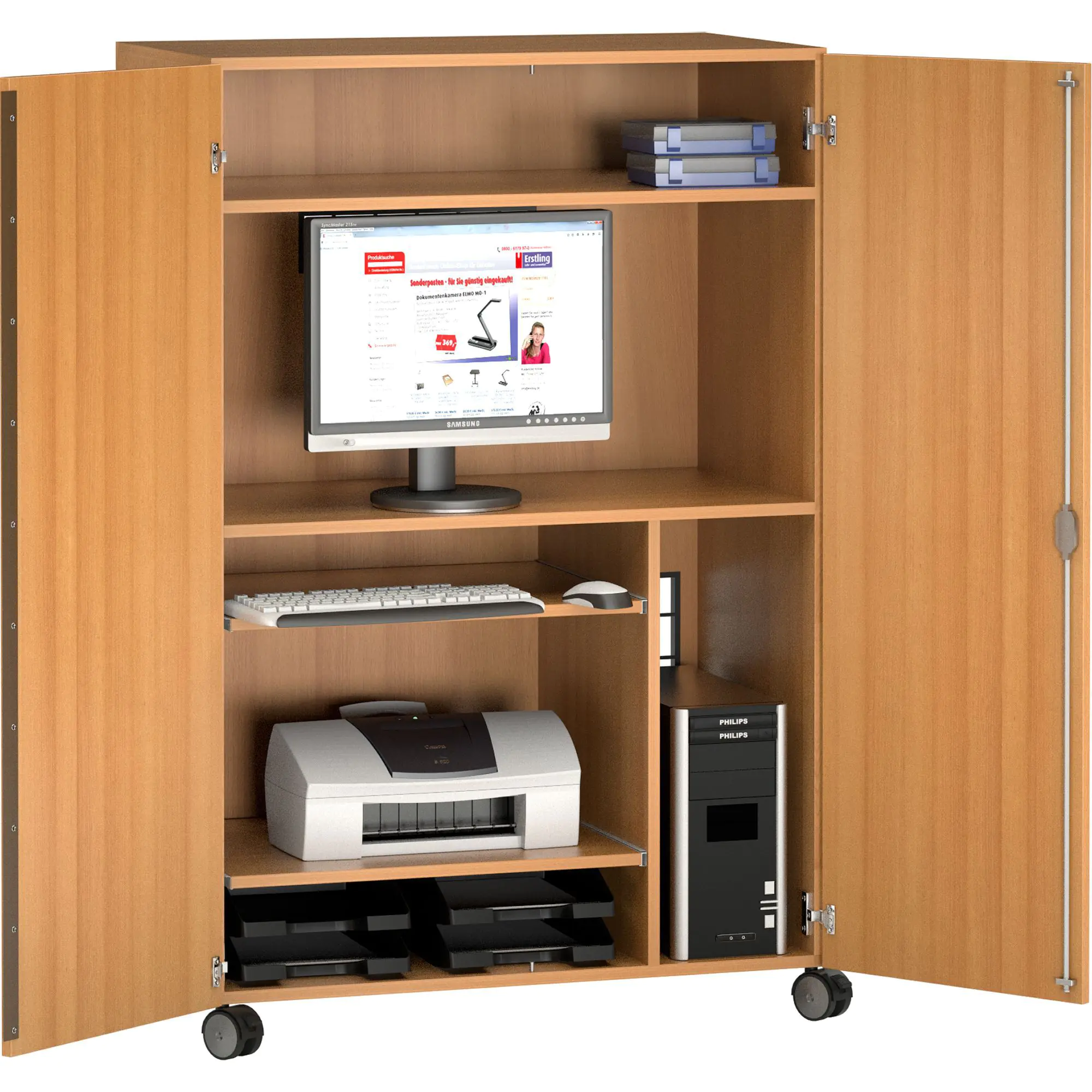 Medienschrank, fahrbar, 150 cm hoch,  96x67 cm (B/T), fahrbar, aus der Kategorie Mobile Arbeitsplätze