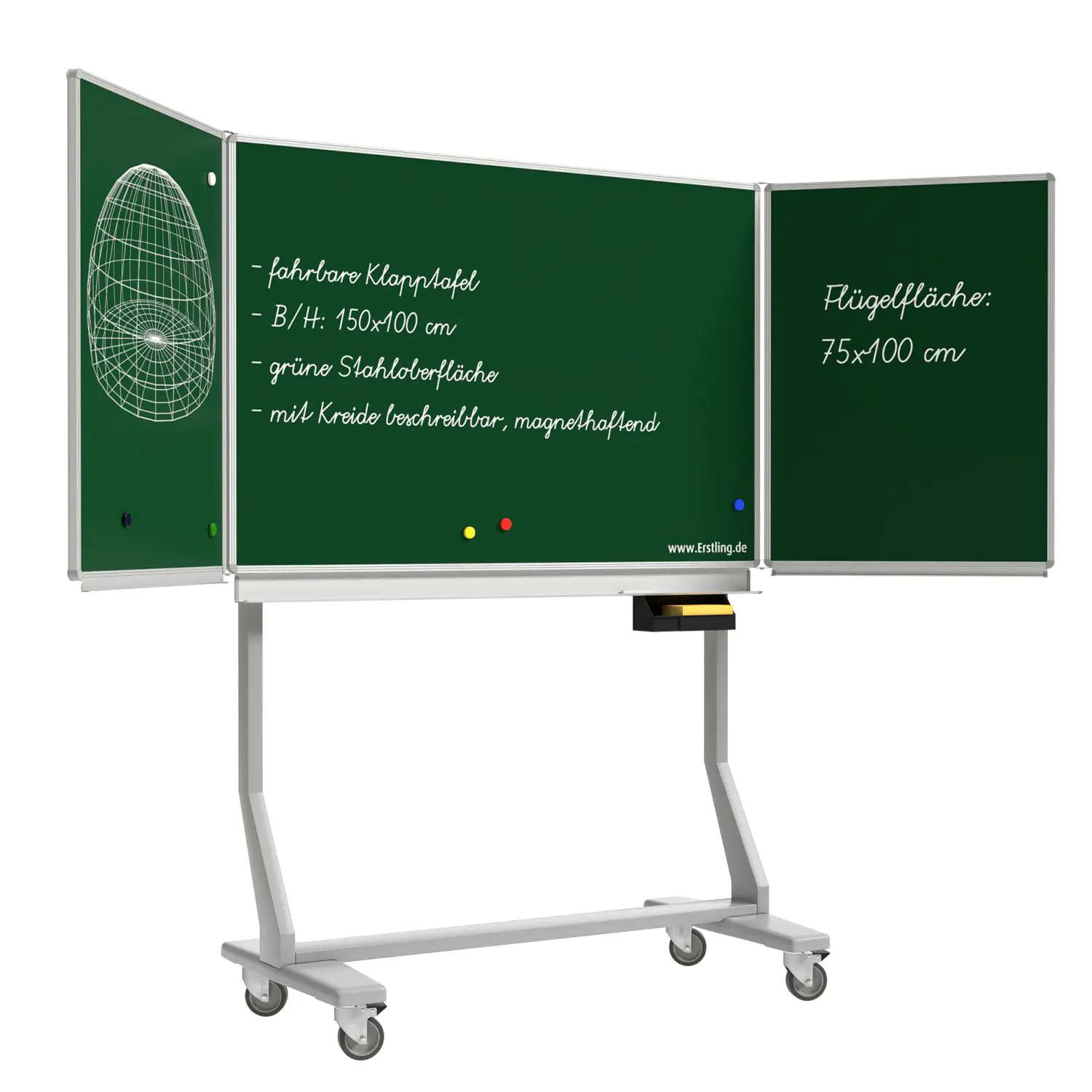 Klapp-Tafel fahrbar, Mittelfläche 150x100 cm, Flügel  75x100 cm, Stahl grün, aus der Kategorie fahrbare Klapp-Tafeln