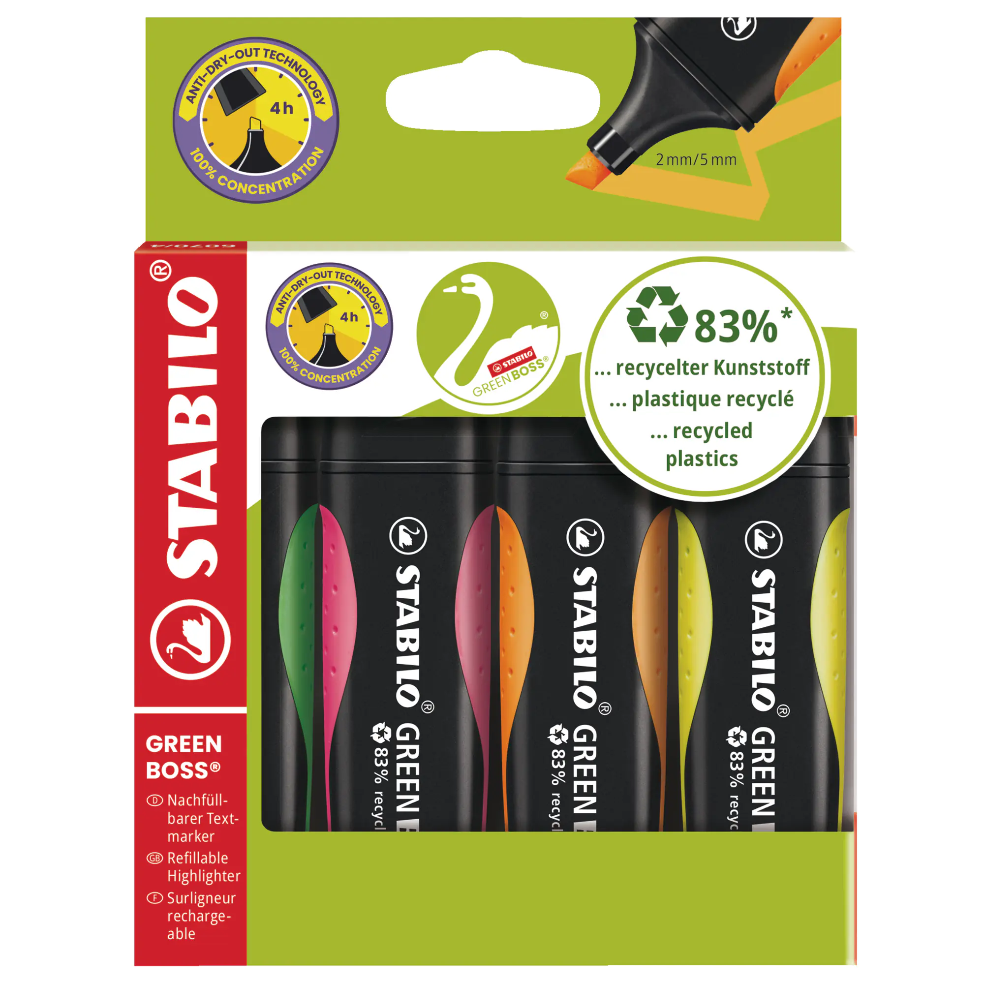 Stabilo Textmarker GREEN BOSS 2-5mm sort 4 St. aus der Kategorie Marker