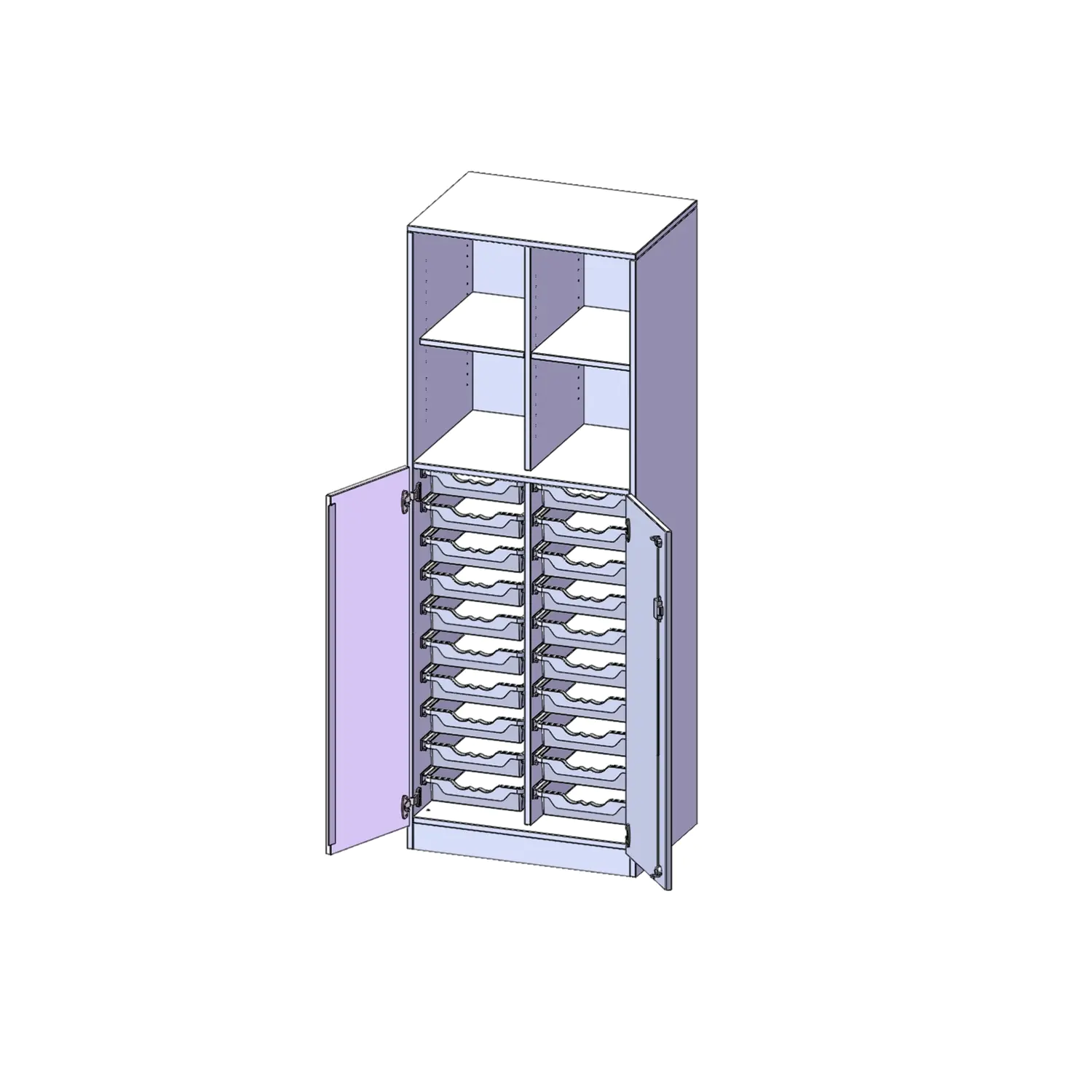 ErgoTray Kombi-Schrank, 2reihig, 3OH unten Türen, 20 flache Boxen, oben 2OH Regal,B/H/T70,3x190x50cm aus der Kategorie Klassen- und Schulschränke