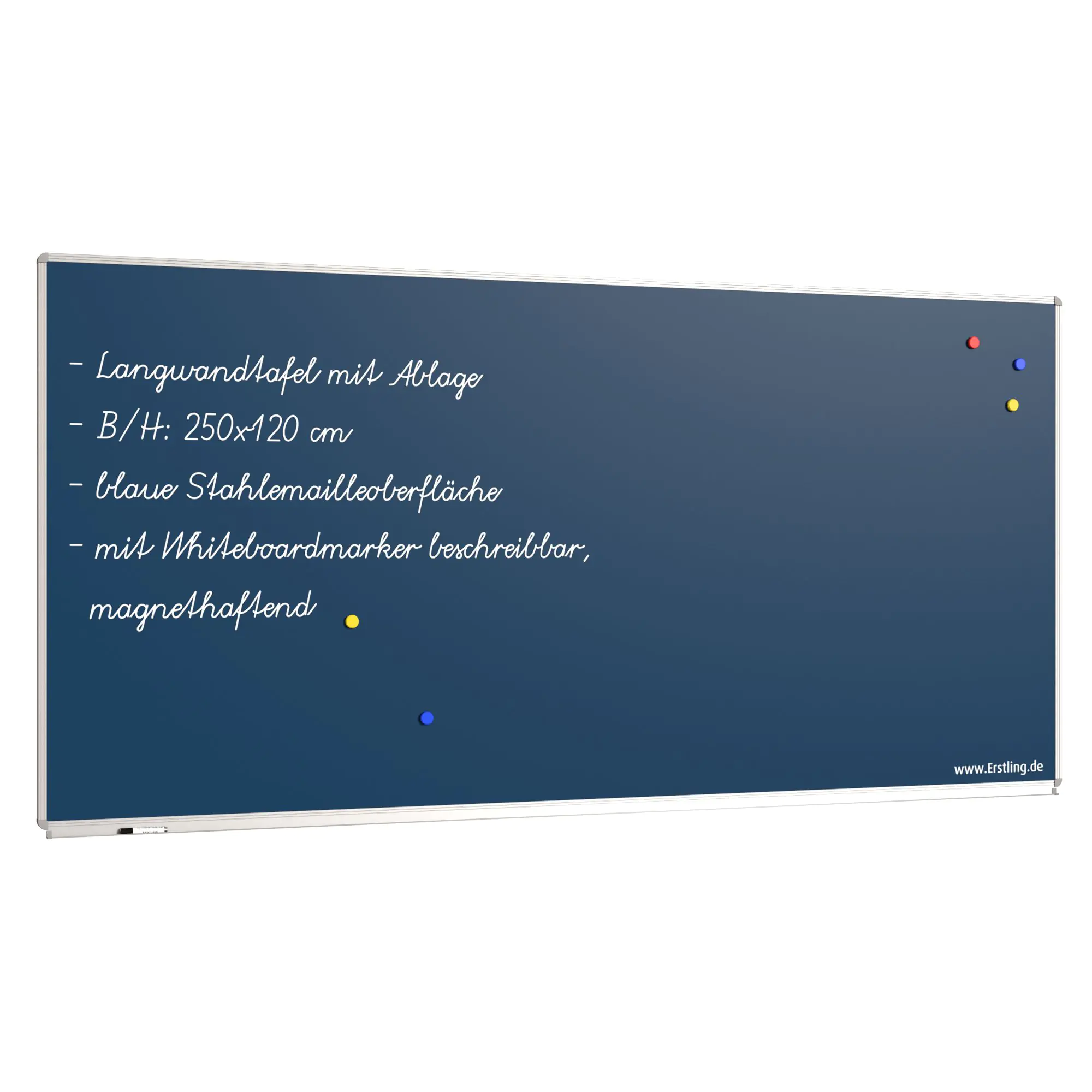 Wandtafel Stahlemaille blau, 250x120 cm, mit durchgehender Ablage, aus der Kategorie Wandtafeln Blau