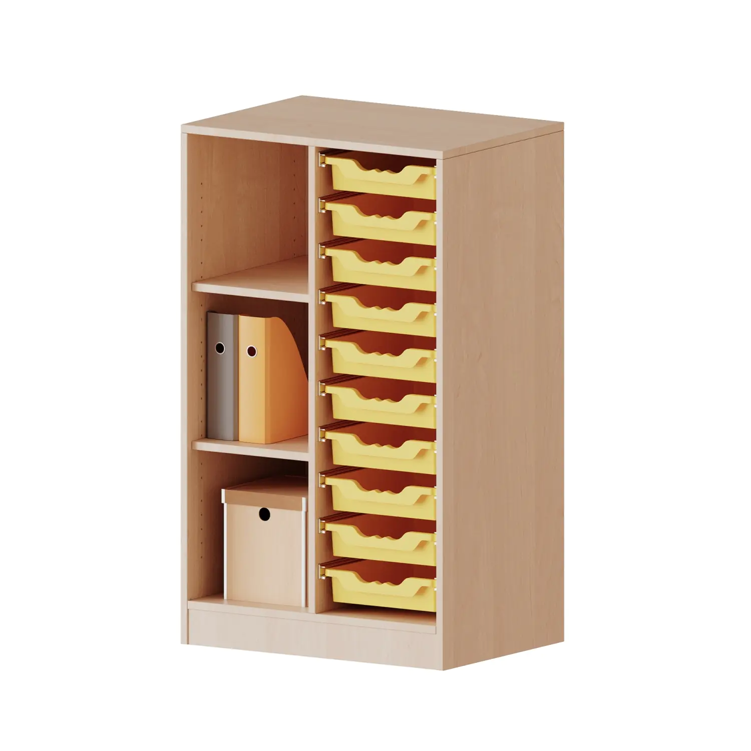 ErgoTray Regal, 2reihig, 3 OH, links 3 Fächer rechts 10 flache Boxen, B/H/T 70,3x118x50cm aus der Kategorie Klassenraumregale