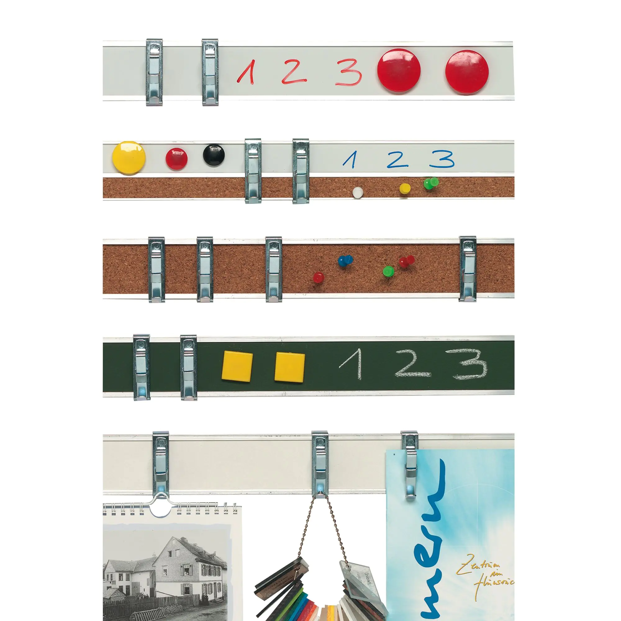 Bilderklemmleiste (Alu) Kork/Stahl weiß, magnetisch, inkl. 6 Rollklemmen, 2,0 Meter, aus der Kategorie Bilderklemmleisten