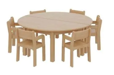 Tischset 2 Halbrundtischen 120 x 60 Höhe 40 cm, 6 Massivholzstühlen mit AL SH 21 cm aus der Kategorie Hauptnavigation