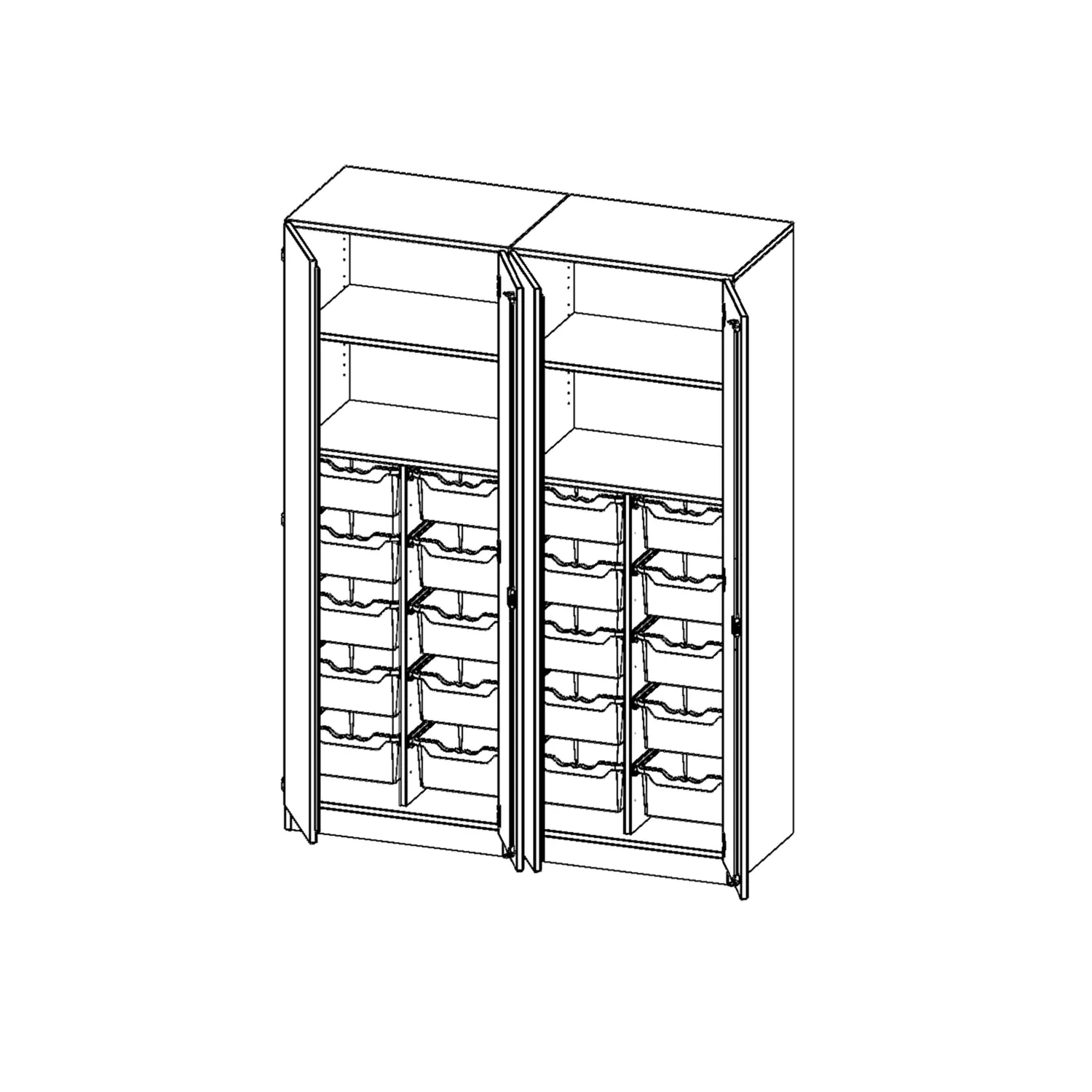 ErgoTray Schrank, zweiteilig, 4reihig, viertürig, zweiteilig, 20 hohe Boxen, B/H/T 140,6x190x50cm aus der Kategorie Klassen- und Schulschränke