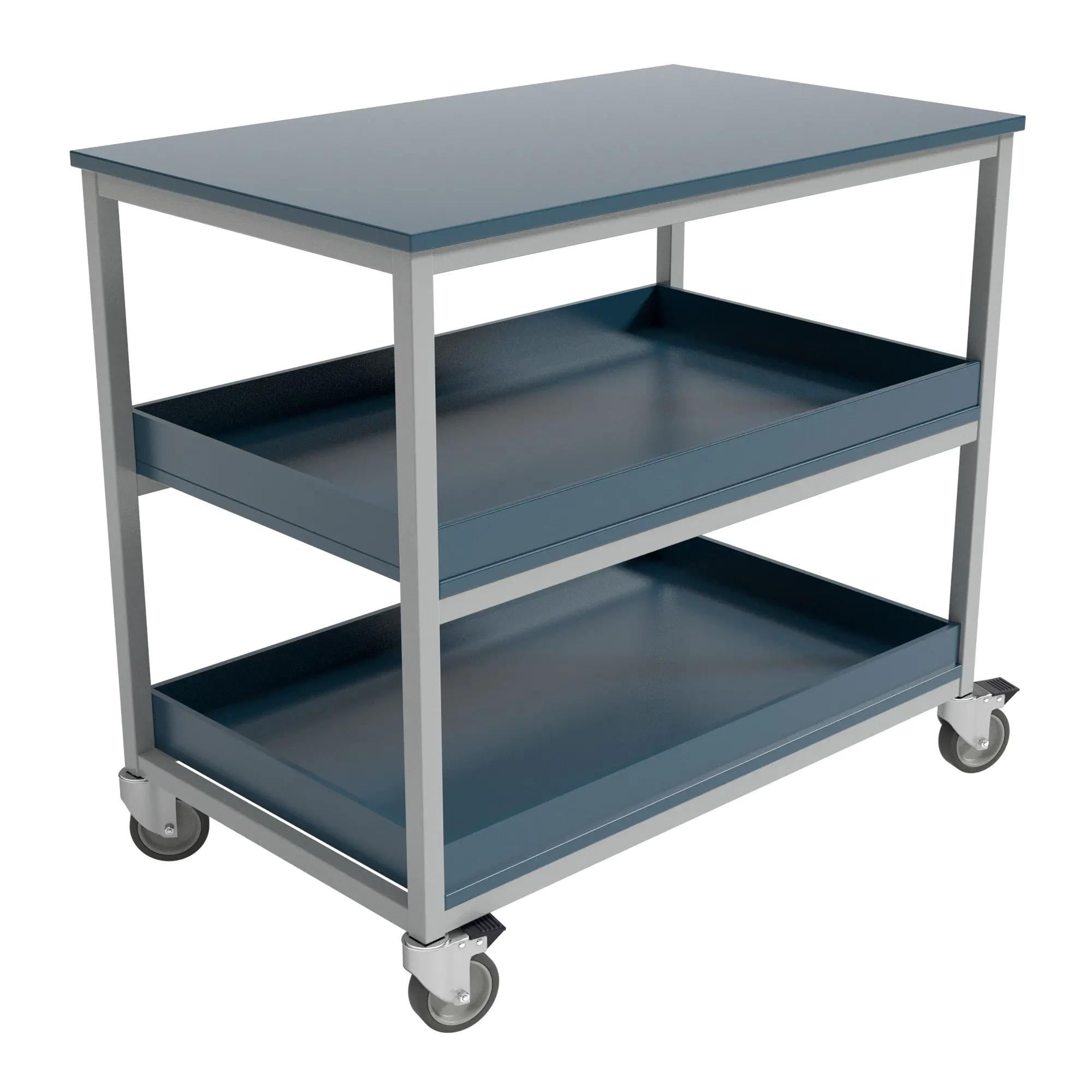 Mehrzweckwagen mit 3 Holz-Böden, 60x100 cm, (die beiden Unteren mit Aufkantung), aus der Kategorie Wagen mit Stahlrahmen