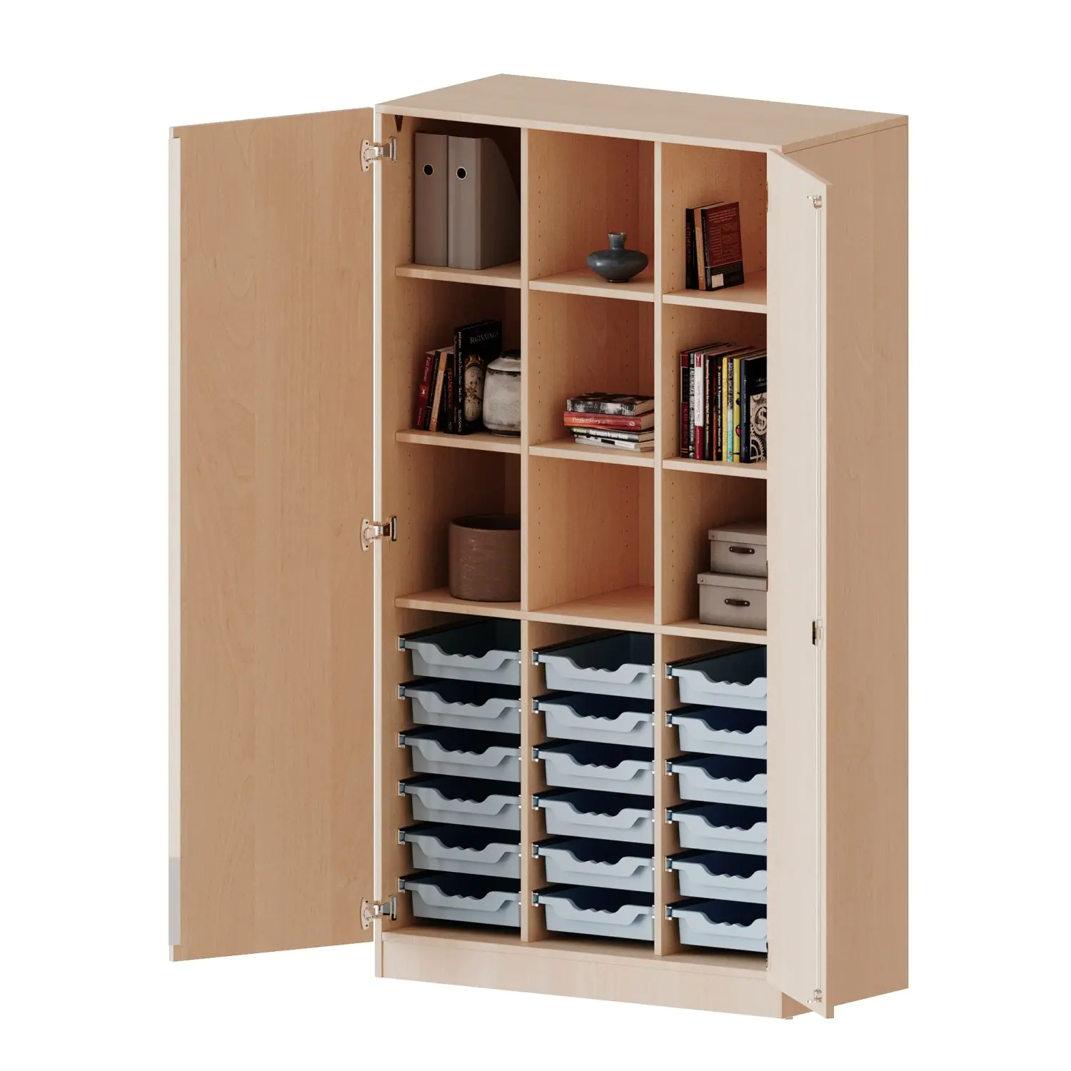 ErgoTray Schrank, 3reihig, 5 OH, zweitürig, mit 18 flachen Boxen, B/H/T 104,5x190x50cm aus der Kategorie Klassen- und Schulschränke