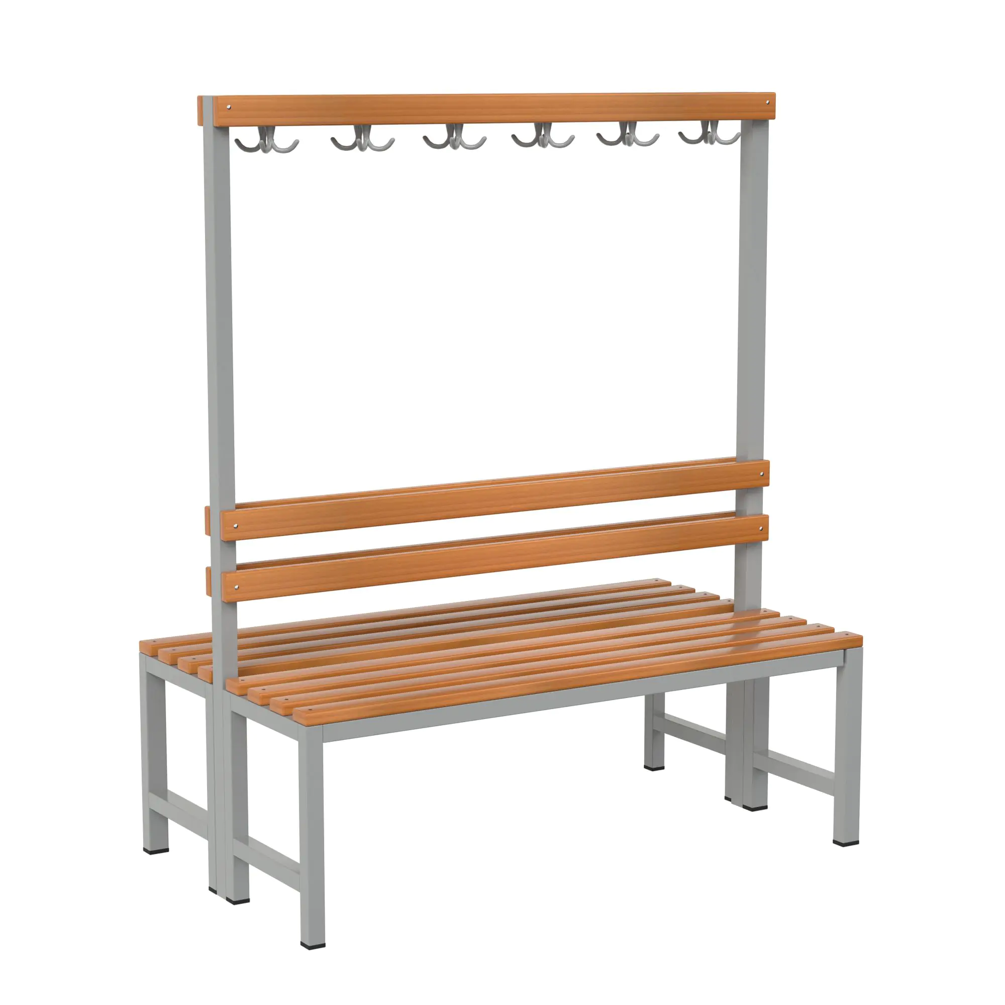 Umkleidebank doppelt, 150 cm breit, Doppel-Haken verdeckt, ohne Schuhrost,