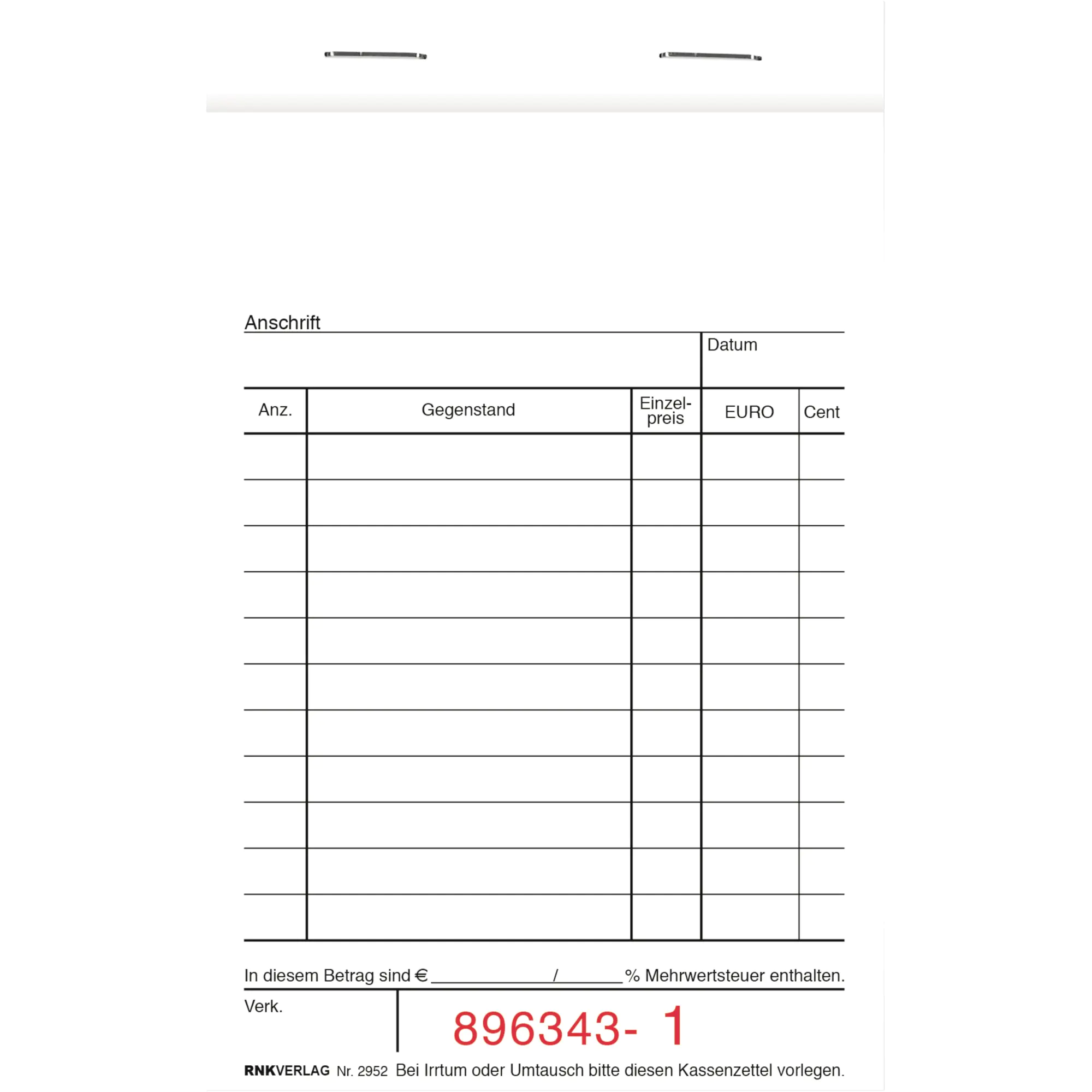 RNK Kassenblock 15x10cm oben geheftet 50x2Blatt aus der Kategorie  Formulare & Verträge