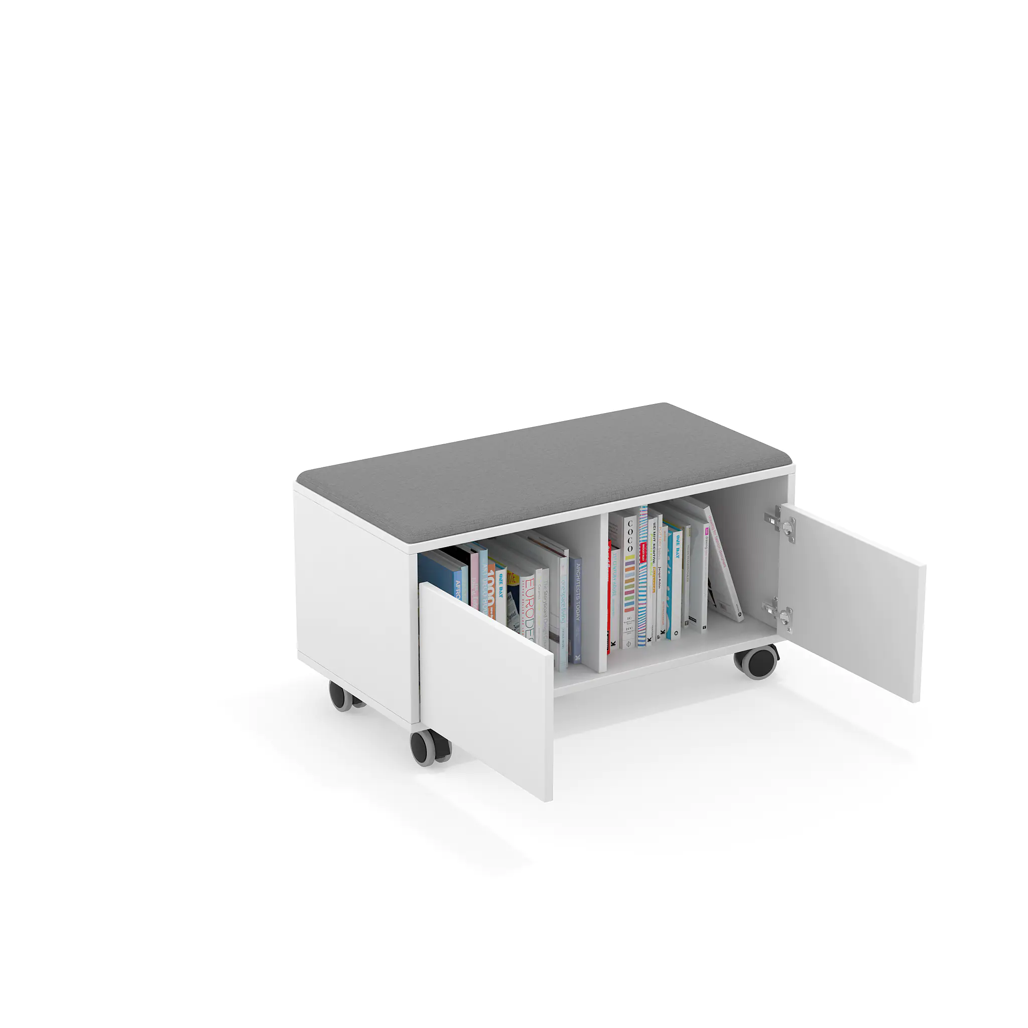 Bücherwagen als Sitzbank, 50 cm hoch, B/T 90,0 x 47,0 cm, Korpus Weiß, Polster Grau, fahrbar,  aus der Kategorie Bibliotheksinseln