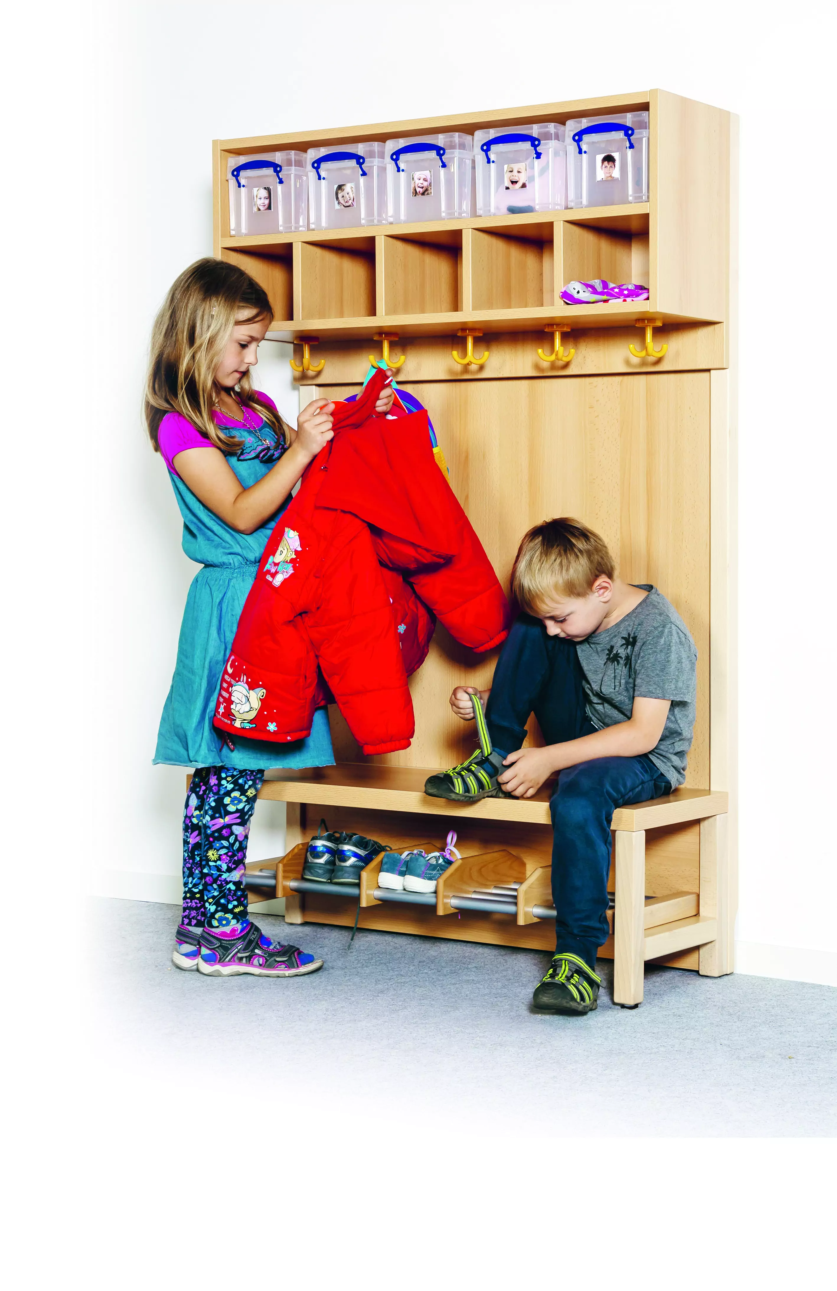 Komplettgarderobe Doppelablage, mit Stütze, keine Paneelrückwand, für 6 Plätze aus der Kategorie Garderoben