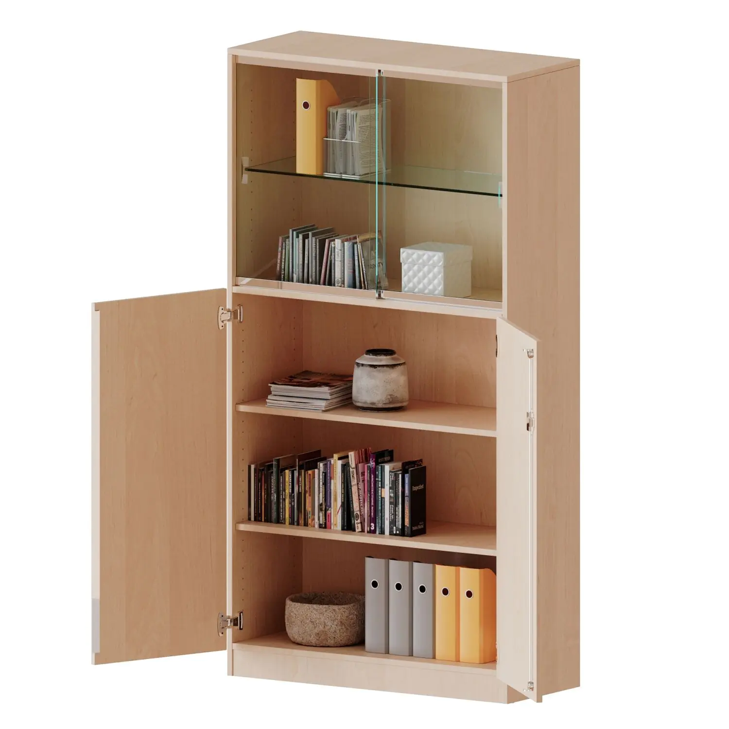 Kombischrank, 5 OH, Drehtüren unten (3OH), Glasschiebetüren oben (2 OH,) B/H/T 100x190x50cm aus der Kategorie Schränke allgemein